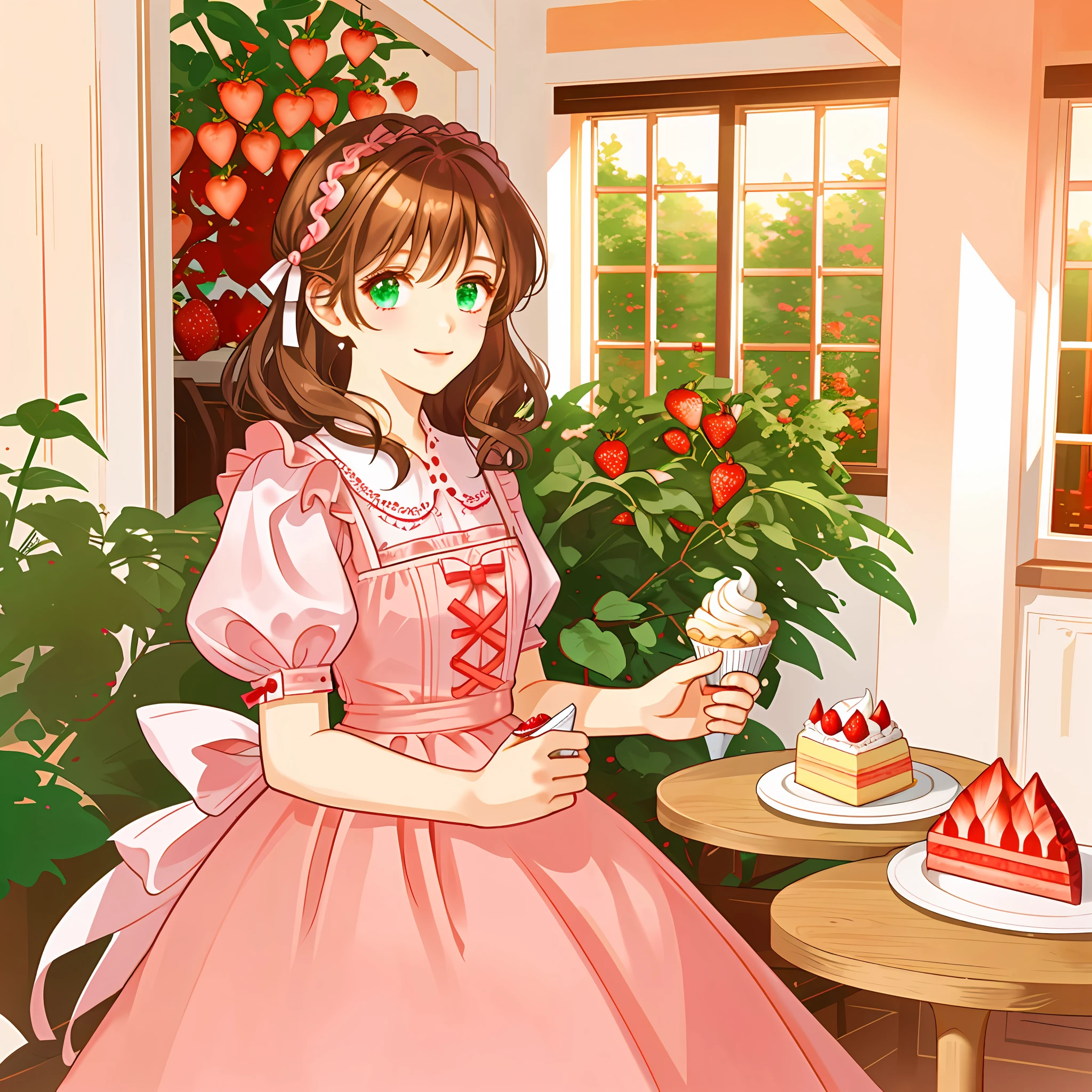 A girl sitting in a pastry shop eating a strawberry cake, white and pink pastry, brown hair, emerald eyes, tender smile, red dress with white apron, lights, only one girl,