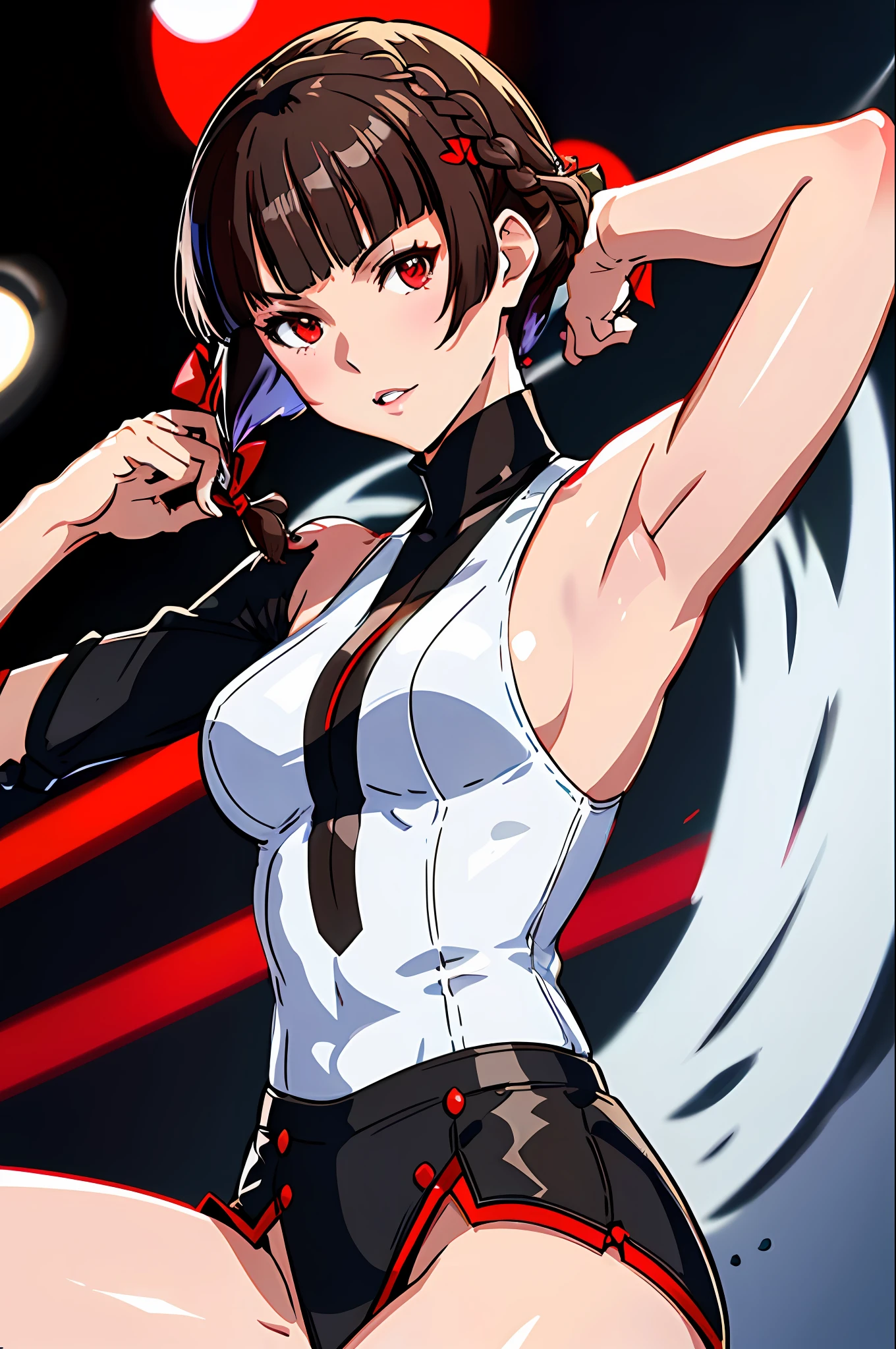 Solo, Makoto_Niijima (da persona 5, 1female, white skin, Japanese, red eyes, short brown hair, braid like a hairbow on top of hair, small boobs) singing in a stage with neon lights, sexy one-piece high school uniform. (finely detailed), anime, best shadows, depth of field, (masterpiece), (best quality), 4K, high detail, anatomically correct