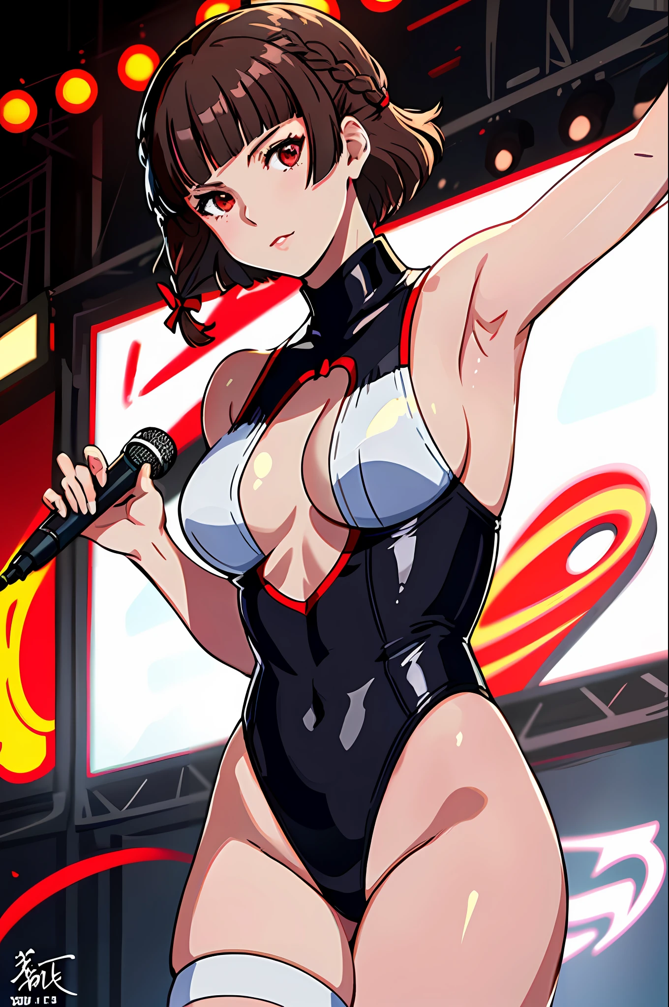 Solo, Makoto_Niijima (da persona 5, 1female, white skin, Japanese, red eyes, short brown hair, braid like a hairbow on top of hair, small boobs) singing in a stage with neon lights, sexy one-piece high school uniform. (finely detailed), anime, best shadows, depth of field, (masterpiece), (best quality), 4K, high detail, anatomically correct