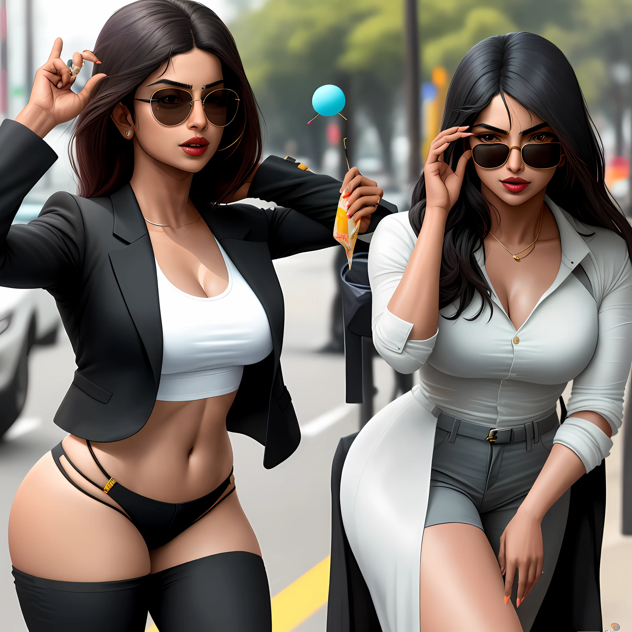Priyanka Chopra, wearing FBI clothing, low-cut, with bulky breasts, with sunglasses, long black hair, lollipop sucking, too sexy, 8k,16k, sunny environment,