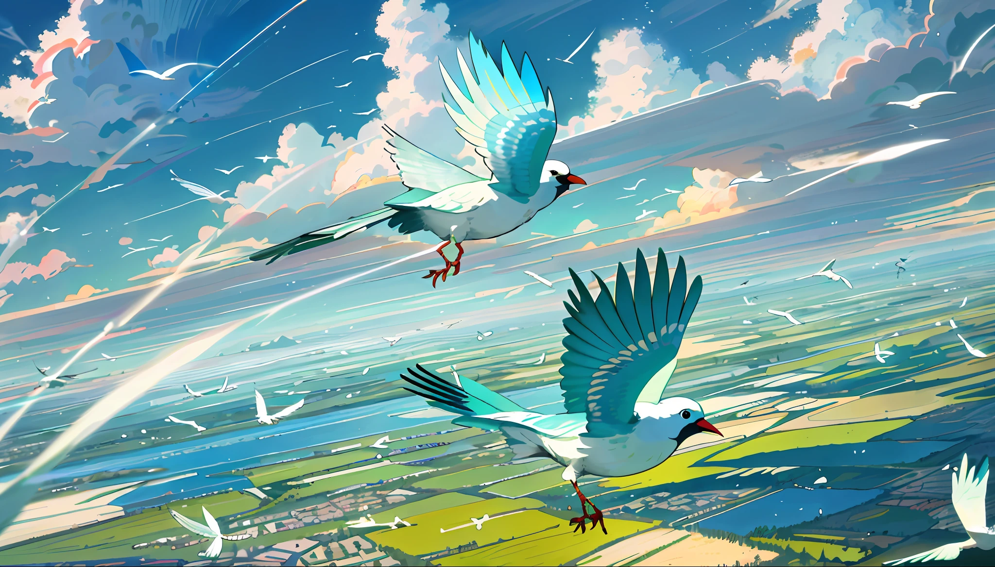 There are two birds flying over the green lake, surrounded by meadows, sky and clouds in the distance, fictional bird flying, animation style, CG quality, illustration, birds flying, beautiful artwork illustration, high resolution, clear feathers, digital painting, birds fcgsociety, flying birds, birds flying in the sun, birds in flight, inspired by Koson Ohara