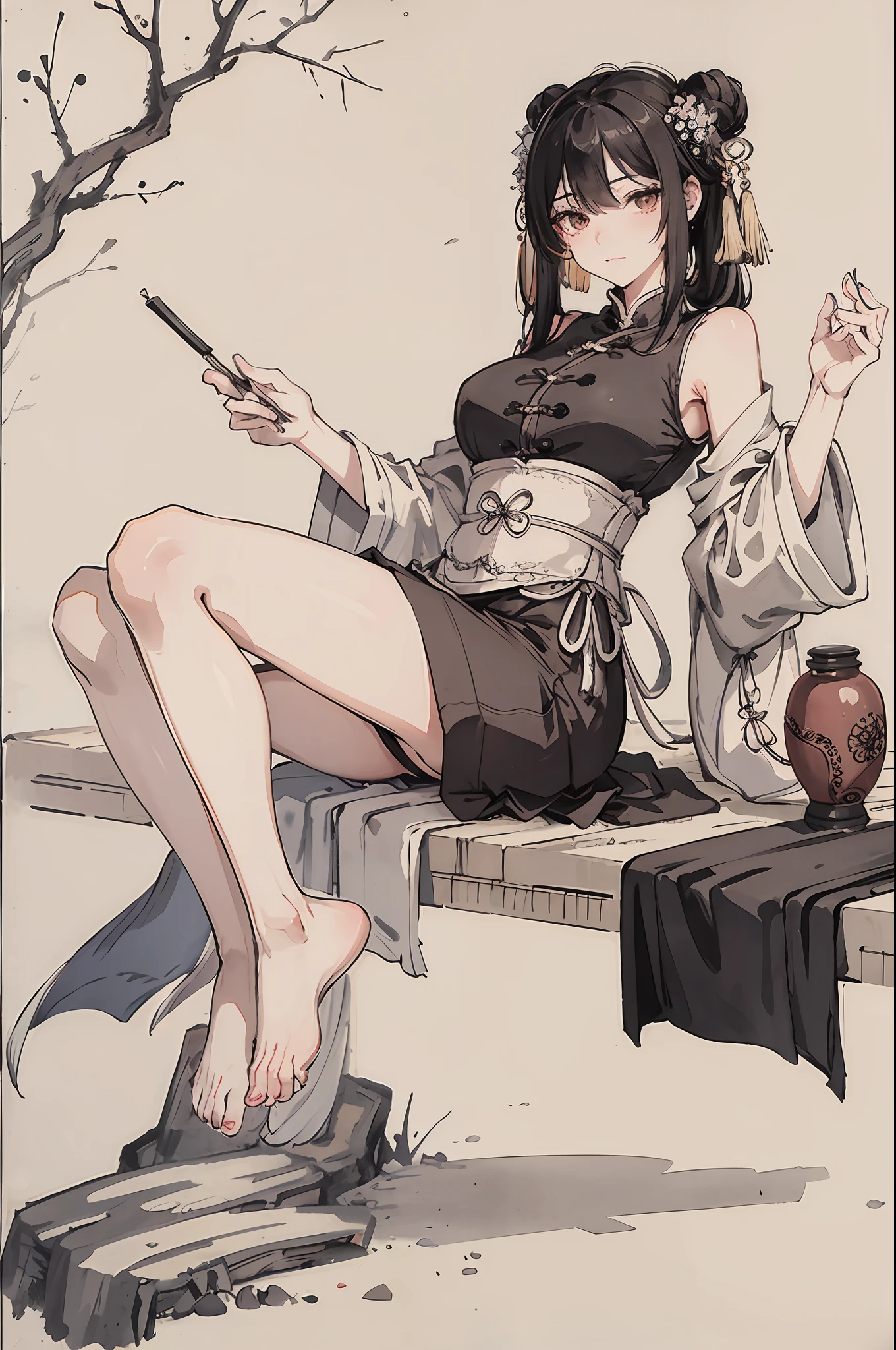 (masterpiece, best quality: 1.2), traditional Chinese ink painting, black hair, brown eyes, large breasts, Oversized dress :1.5, Couch, Ultra-detailed face, Detailed eyes, Double eyelid, sfw ,emphasizing slender abs :1.3, feet:1.4