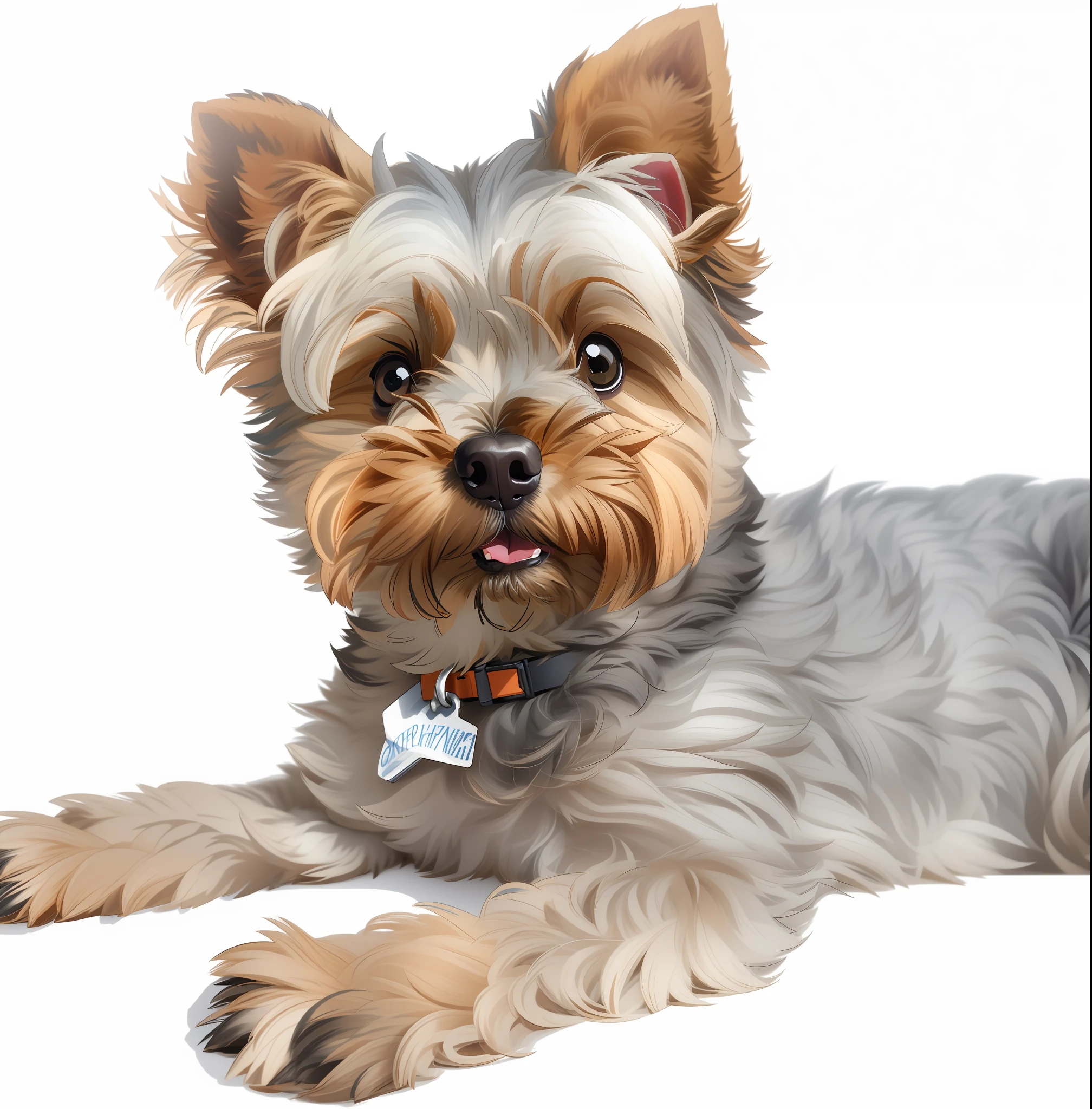 There's a small dog that's lying on the ground, Yorkshire Terrier, magnified, tongue out, small dog, looking sideways, looking to the side, looking straight at the camera, detailed portrait, photo of a gorgeous, magnified, looking sloppy, looking straight at the camera, looking to the right, looking at the camera