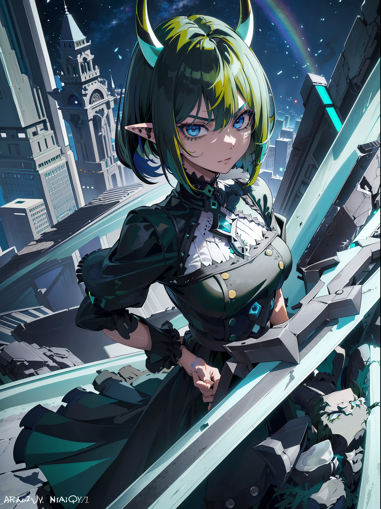 ((highest quality, masterpiece, 4k, finely detailed, detailed eyes, detailed face, gelbooru, pixiv)), warm lighting, ((highest quality, masterpiece, 4k, finely detailed, detailed eyes, detailed face, gelbooru, pixiv)), warm lighting, ((solo)), 1 woman, adult woman, mature woman, wide hips, seductive, ((two rainbow colored demon horns)), ((very sharp eye shape, dark mascara, steel blue eye color)), (((green haircolor, shaggy hair, bob haircut)), looking at viewer, mean expression, ((modern dress, dark black color)), dominant pose, ((pointy ears)), ((modern setting)), intense night city background