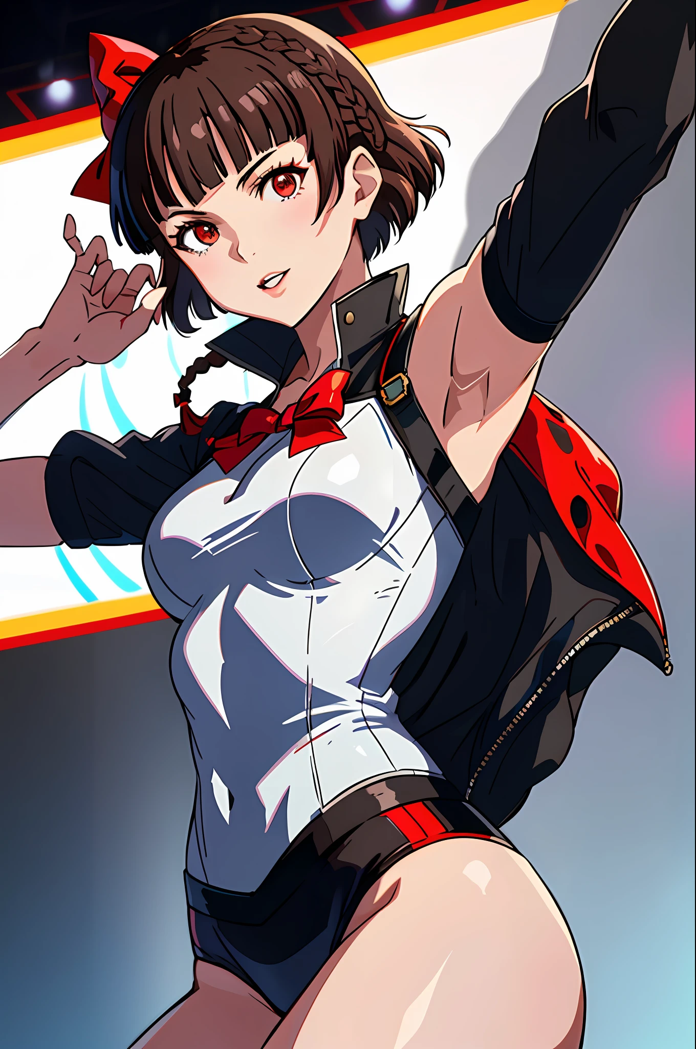 Solo, Makoto_Niijima (da persona 5, 1female, white skin, Japanese, red eyes, short brown hair, braid like a hairbow on top of hair, small boobs) singing in a stage with neon lights, sexy one-piece high school uniform. (finely detailed), anime, best shadows, depth of field, (masterpiece), (best quality), 4K, high detail, anatomically correct