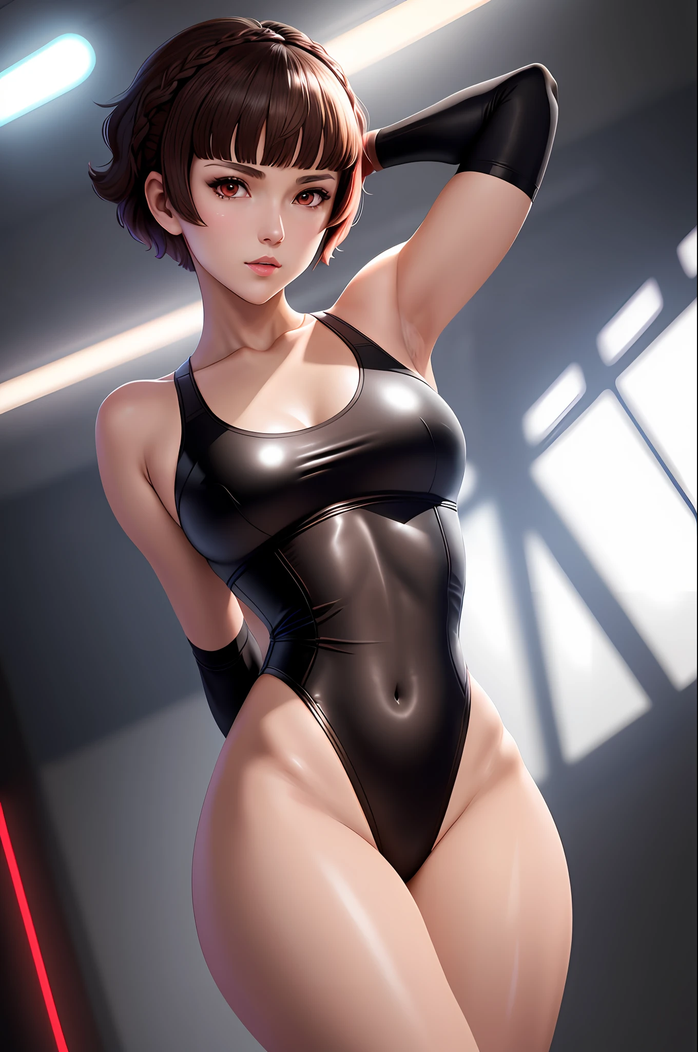 Solo, Makoto_Niijima (da persona 5, 1female, white skin, Japanese, red eyes, short brown hair, braid like a hairbow on top of hair, small boobs) singing in a stage with neon lights, sexy one-piece high school uniform. (finely detailed), anime, best shadows, depth of field, (masterpiece), (best quality), 4K, high detail, anatomically correct