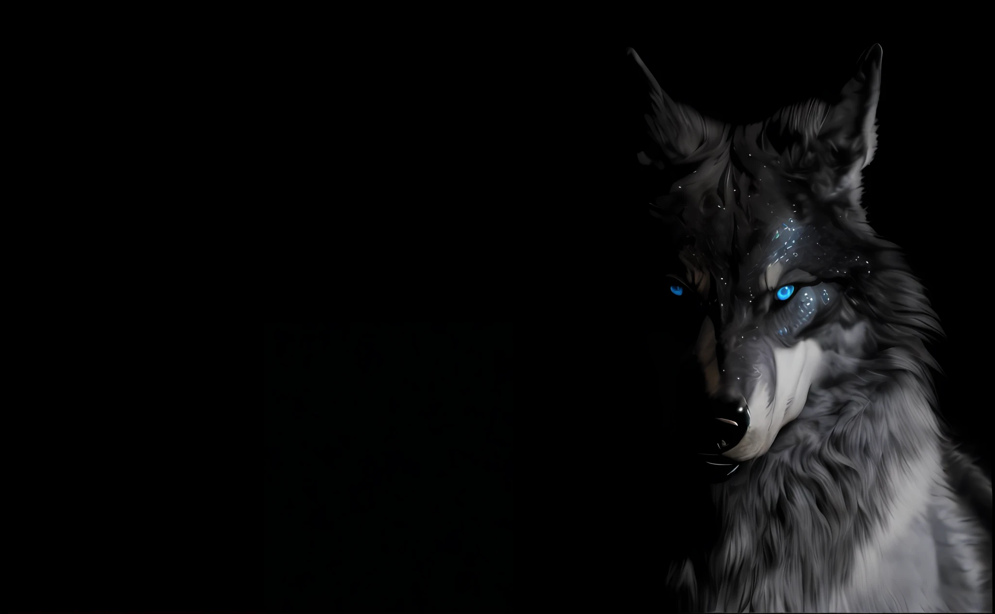 Great Musculity Black Wolf Warrior,wearing metallic and leather battle armour,upper half of chest and face , in left side of screen,Artstation illustrators, intricate details, Detailed face,bright blue colour eyes, looking at viewer ,dim light, illustration, UHD, 4K hyper realistic, tension, cold, highly detailed, sharp focus, professional, 8k UHD, cinematic, dark, violent, outdoor, battle scene,dramatic, scary vibe, render, epic, twilight, HDR, album cover, blizzard, lightning, cataclysmic,820 pixels wide by 312 pixels tall , half black background , landscape view , away portrait view,whole head,battle scene, scar in right side of face ,hairy, realistic wolf, raining, lighting ,face and chest facing at viewer ,good jaw , Blue eyes, hairy mane