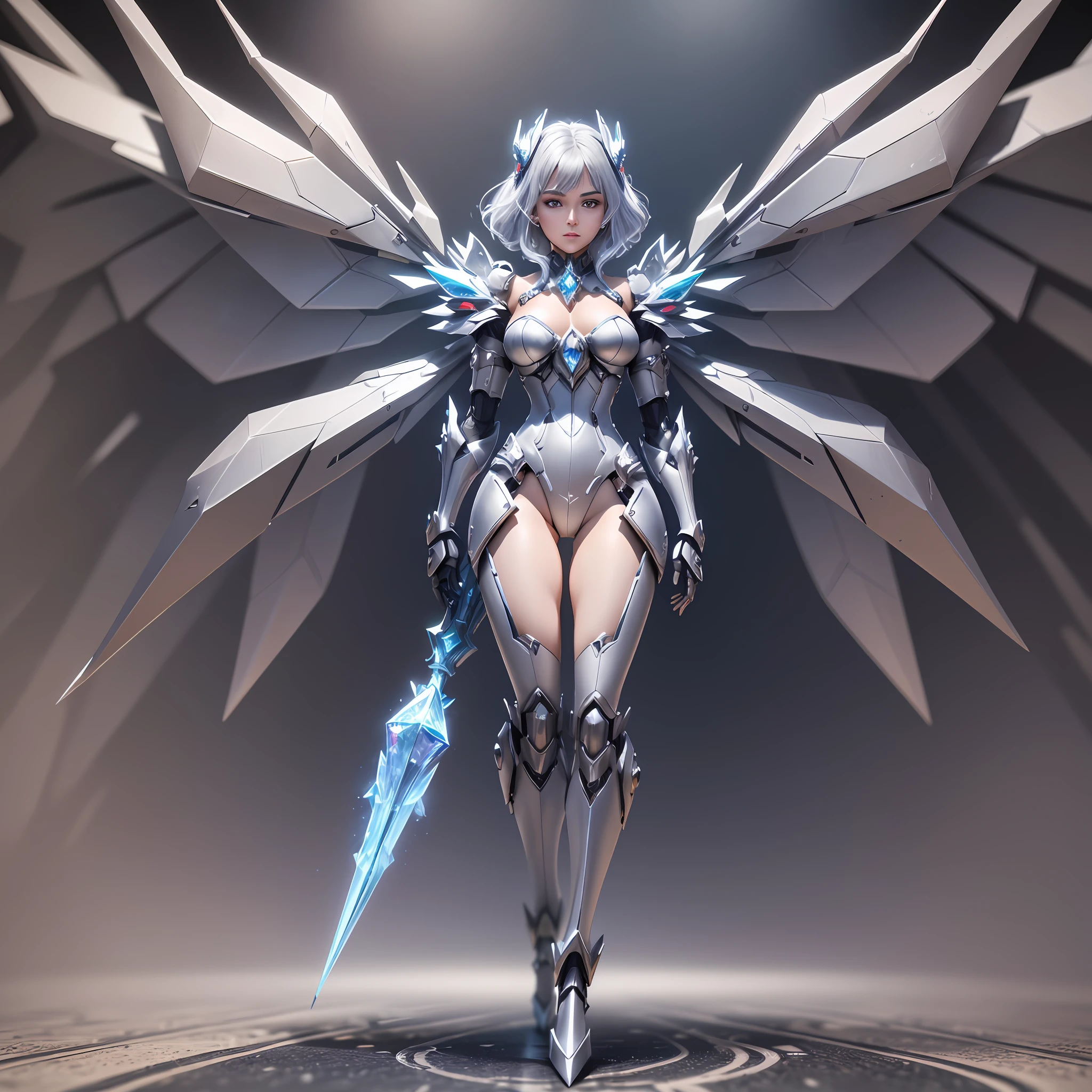 (The armor parts of the shoulders and chest are made of high-quality metal.), (Crystal decoration added to the surface) The entire armor looks very delicate, Futuristic, The crystal texture decoration makes it even more dazzling), (The unfolded state of the mechanical wings is very impressive.), It is made of high-strength metal materials, And added a crystal texture decoration. The structure of mechanical wings is very complex, The whole section consists of many small parts, with very high practicality), (The arm and hand are designed with ultra-strong metal materials.), Crystal texture decoration added to the surface).) The hand is equipped with a telescopic robotic arm and an energy shield, Very practical, Legs and feet: The legs and feet are designed with high-strength metal materials, A crystal-textured decoration is added to the surface. The feet are equipped with jet thrusters, Very stable and powerful, ((Mechanical Lady, Invincible mecha)), hair strand, eye reflection, v-shaped eyebrows, disdain, exquisite facial features, Perfect looks: 1.5, Surrealism, ray tracing, blending, stereogram, projected inset, vanishing point, wide shot, UHD, retina, masterpiece, HD, 8k