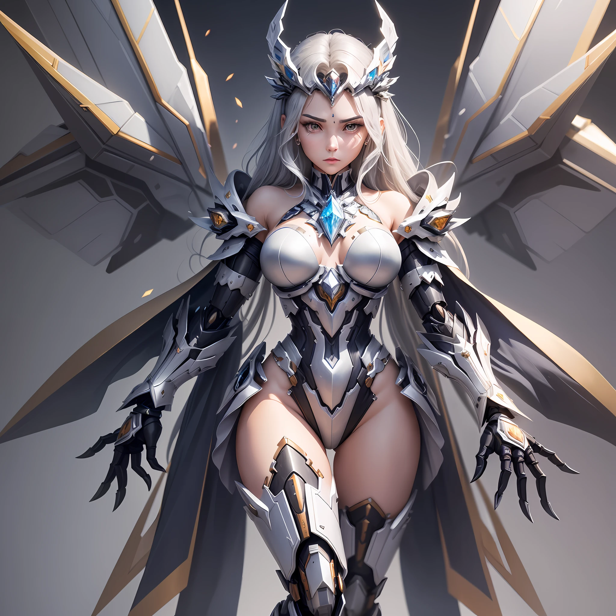 (The armor parts of the shoulders and chest are made of high-quality metal.), (Crystal decoration added to the surface) The entire armor looks very delicate, Futuristic, The crystal texture decoration makes it even more dazzling), (The unfolded state of the mechanical wings is very impressive.), It is made of high-strength metal materials, And added a crystal texture decoration. The structure of mechanical wings is very complex, The whole section consists of many small parts, with very high practicality), (The arm and hand are designed with ultra-strong metal materials.), Crystal texture decoration added to the surface).) The hand is equipped with a telescopic robotic arm and an energy shield, Very practical, Legs and feet: The legs and feet are designed with high-strength metal materials, A crystal-textured decoration is added to the surface. The feet are equipped with jet thrusters, Very stable and powerful, ((Mechanical Lady, Invincible mecha)), hair strand, eye reflection, v-shaped eyebrows, disdain, exquisite facial features, Perfect looks: 1.5, Surrealism, ray tracing, blending, stereogram, projected inset, vanishing point, wide shot, UHD, retina, masterpiece, HD, 8k