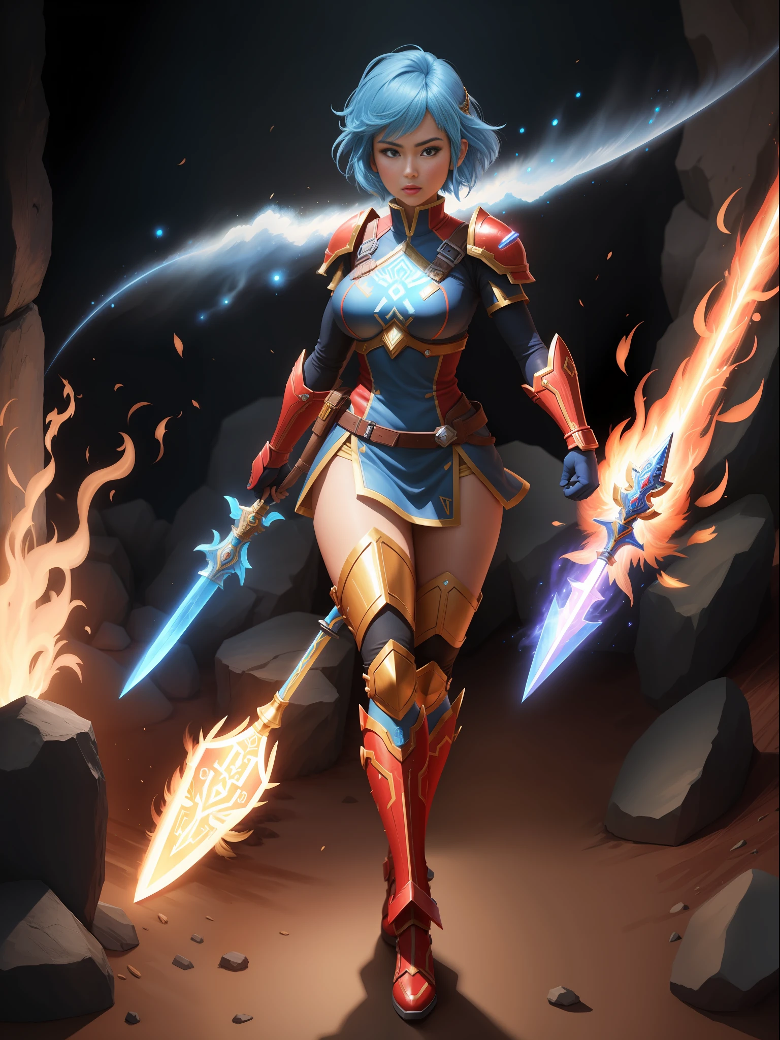 full body, 1 magical warrior girl, with Samus Aran/Ultraman costume, huge breasts, holding a fire elemental sword, short blue hair with wind movement, red eyes, in a dungeon in zelda breath of the wild, looking at the viewer, anime, ultra realistic, professional work, masterpiece, anime, mortal kombat, spiritual light, perfect anatomy, (16k:1.6), high quality, high resolution, high details