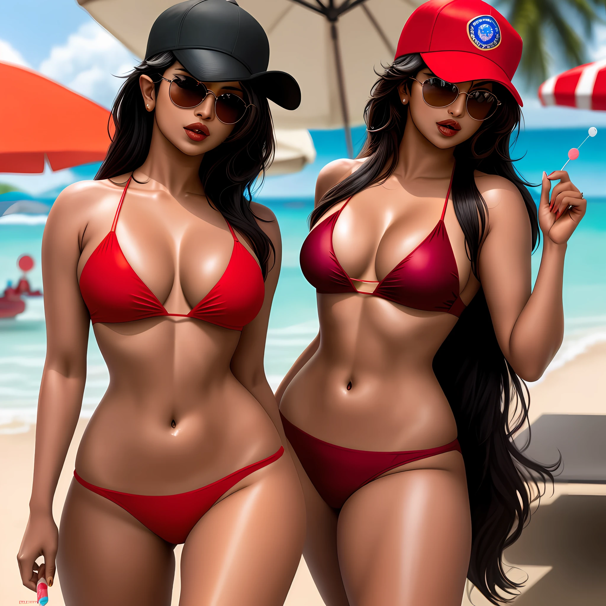 Priyanka Chopra, wearing a red bikini with an FBI cap, with bulky breasts, with sunglasses, long black hair, lollipop sucking, too sexy, 8k,16k, sunny environment,