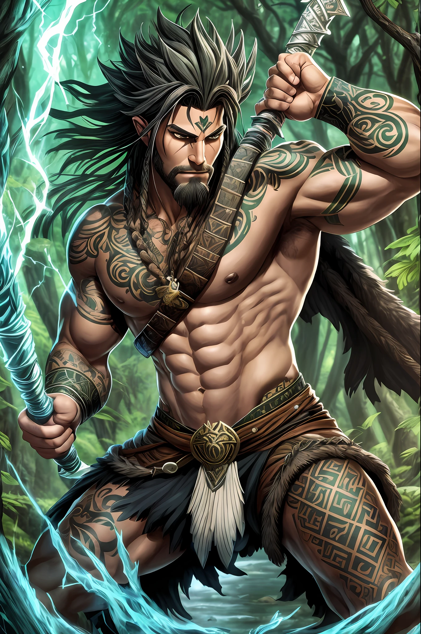 (extremely detailed 8k wallpaper) Draven
Race: Human
Class: Druid Mercenary
Gender: Male
Appearance: No hair, with tribal tattoos all over the body, athletic and muscular physique
Skills: Knowledge and manipulation of nature magic, transformation into animals, healing abilities and elemental control
Personality: Pragmatic, loyal to his principles, protector of nature
Background: A former mercenary who found redemption in the ways of Druidism, uses his powers to preserve the balance of nature and fight against the forces of evil
This new modification defines Draven as a human with a distinctive appearance, no hair and with tribal tattoos all over his body, underscoring his connection to nature and the spiritual world. His athletic and muscular physique demonstrates his skill in combat, while his Druidic abilities allow him to utilize the magic of nature in his adventures.
and in the handling of swords and transmitter of refined techniques