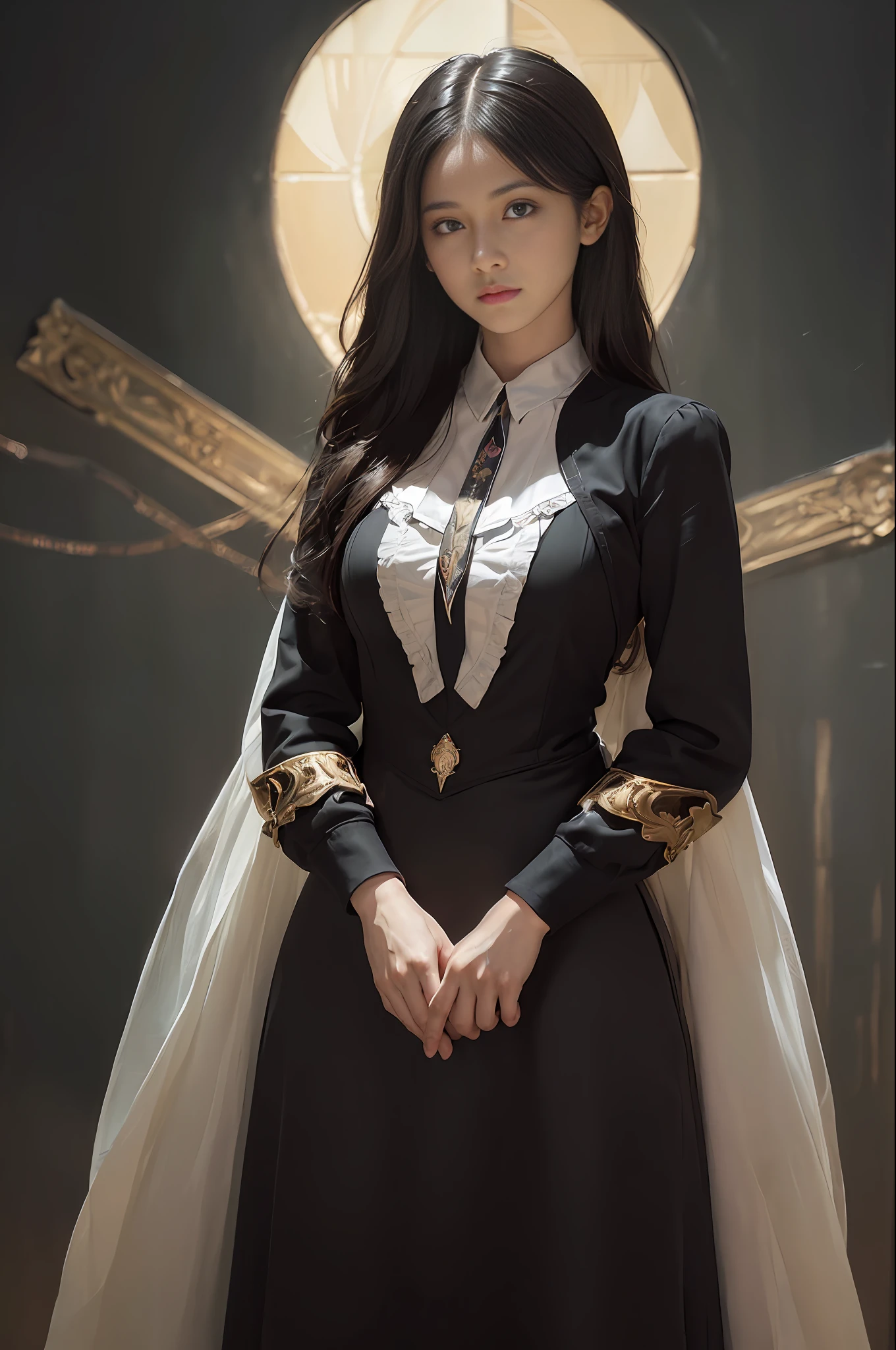 (front focus), (in the dark:1.6), Hyperrealist portrait of female by david hockney and alphonse mucha, fantasy art, photo realistic, dynamic lighting, artstation, poster, volumetric lighting, very detailed faces, 4 k, award winning, 1girl, in the dark, deep shadow, low key, cowboy shot, (official clothing:1.4), long hair, white hair