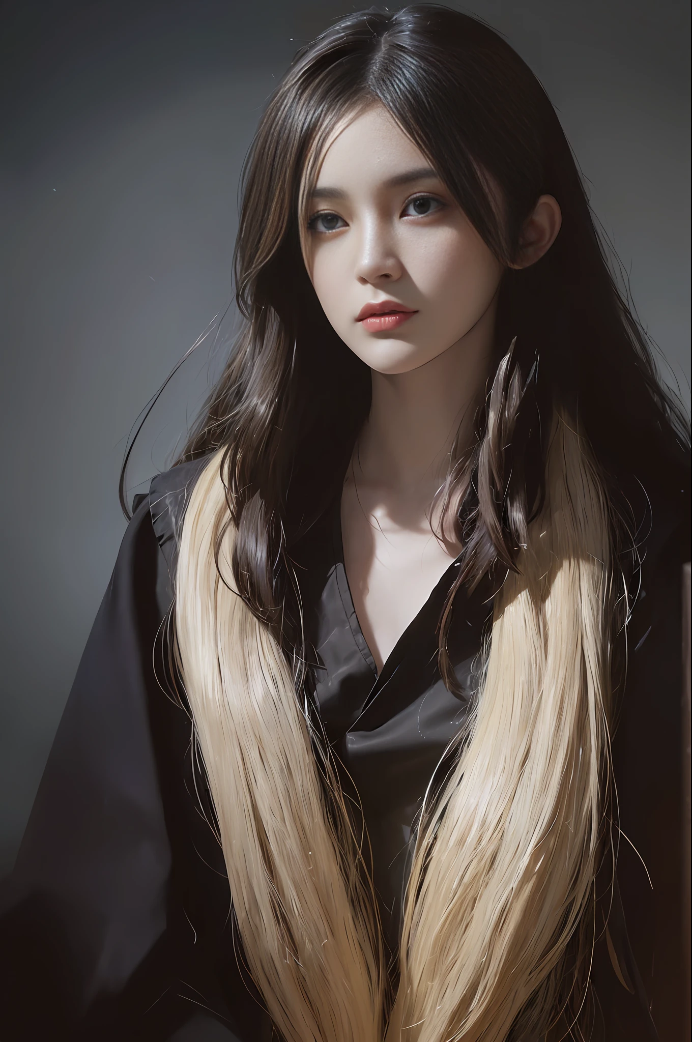 (front focus), (in the dark:1.6), Hyperrealist portrait of female by david hockney and alphonse mucha, fantasy art, photo realistic, dynamic lighting, artstation, poster, volumetric lighting, very detailed faces, 4 k, award winning, 1girl, in the dark, deep shadow, low key, cowboy shot, (official clothing:1.4), long hair, white hair