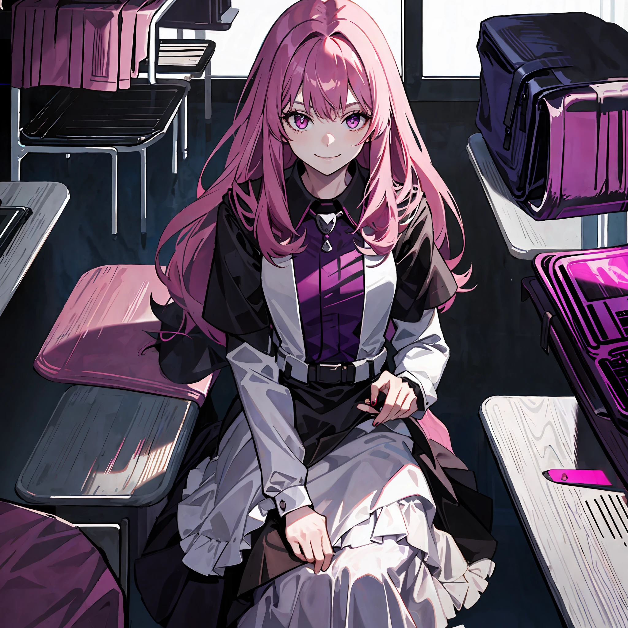 1girl, psychopath smile, long pink hair, purple eyes, sit in class, black school modern uniform, anime