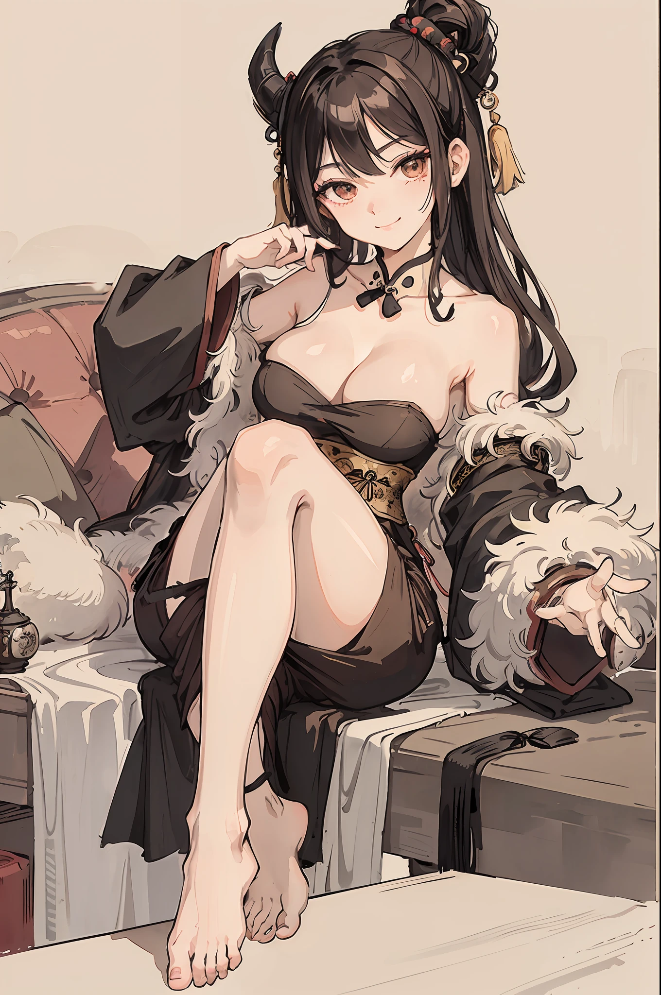 (masterpiece, best quality: 1.2), traditional Chinese ink painting, black hair, brown eyes, small breasts:1.3, Oversized dress :1.5, Couch, Ultra-detailed face, Detailed eyes, Double eyelid, sfw  ,emphasizing slender abs :1.3, evil smile: 1.4