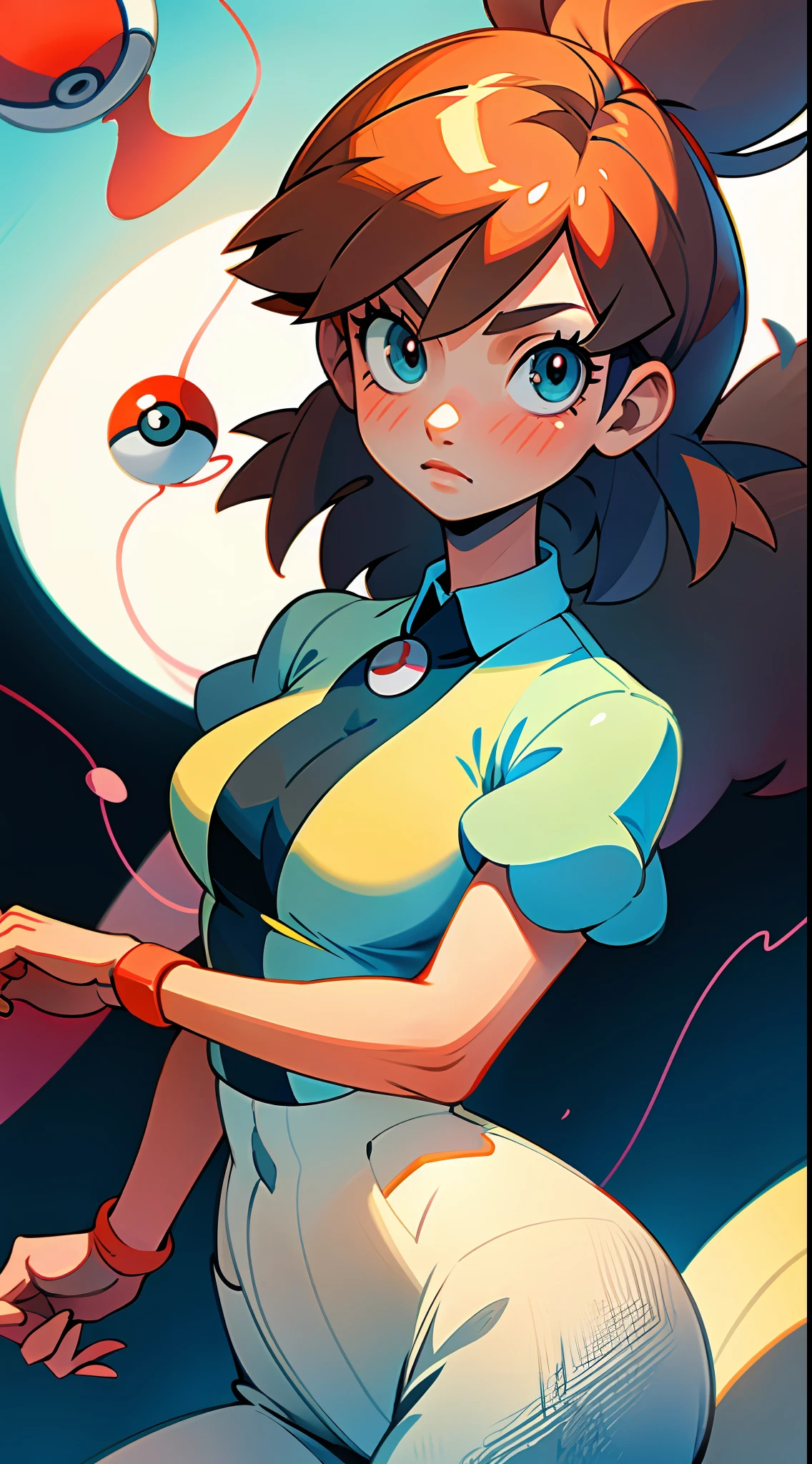 (Best Quality, Masterpiece), 1girl, Misty from Pokémon, Pokeball, Fog, (Cartoon: 1.5), String, Busty