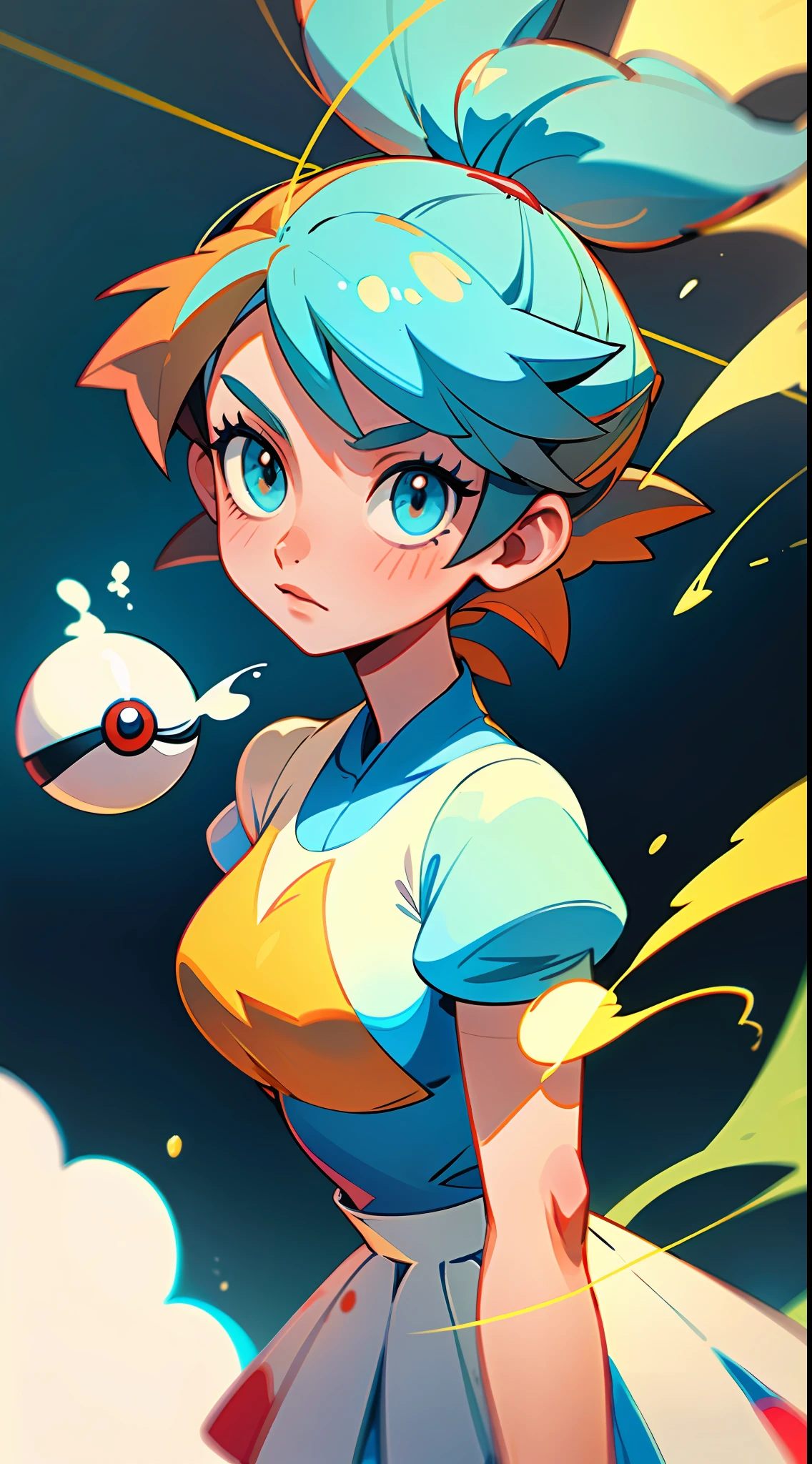 (Best Quality, Masterpiece), 1girl, Misty from Pokémon, Pokeball, Fog, (Cartoon: 1.5), String, Busty