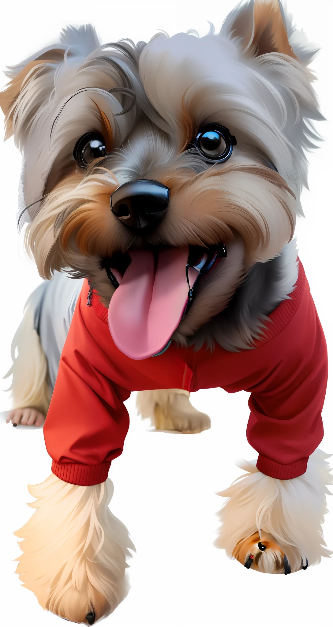 photo, yorkshire terrier, gray, tongue out, a portrait photo of [man: dog: 2] humanoid in clothes, face, 8k uhd, dslr, soft lighting, high quality, film grain, Fujifilm XT3, hat, headphones, glasses