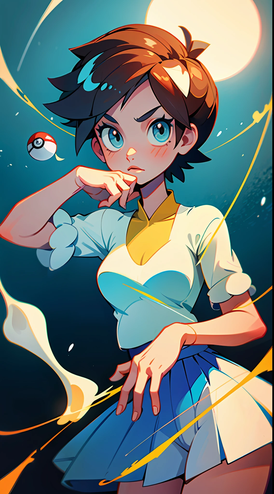 (Best Quality, Masterpiece), 1girl, Misty from Pokémon, Pokeball, Fog, (Cartoon: 1.5), String, Busty