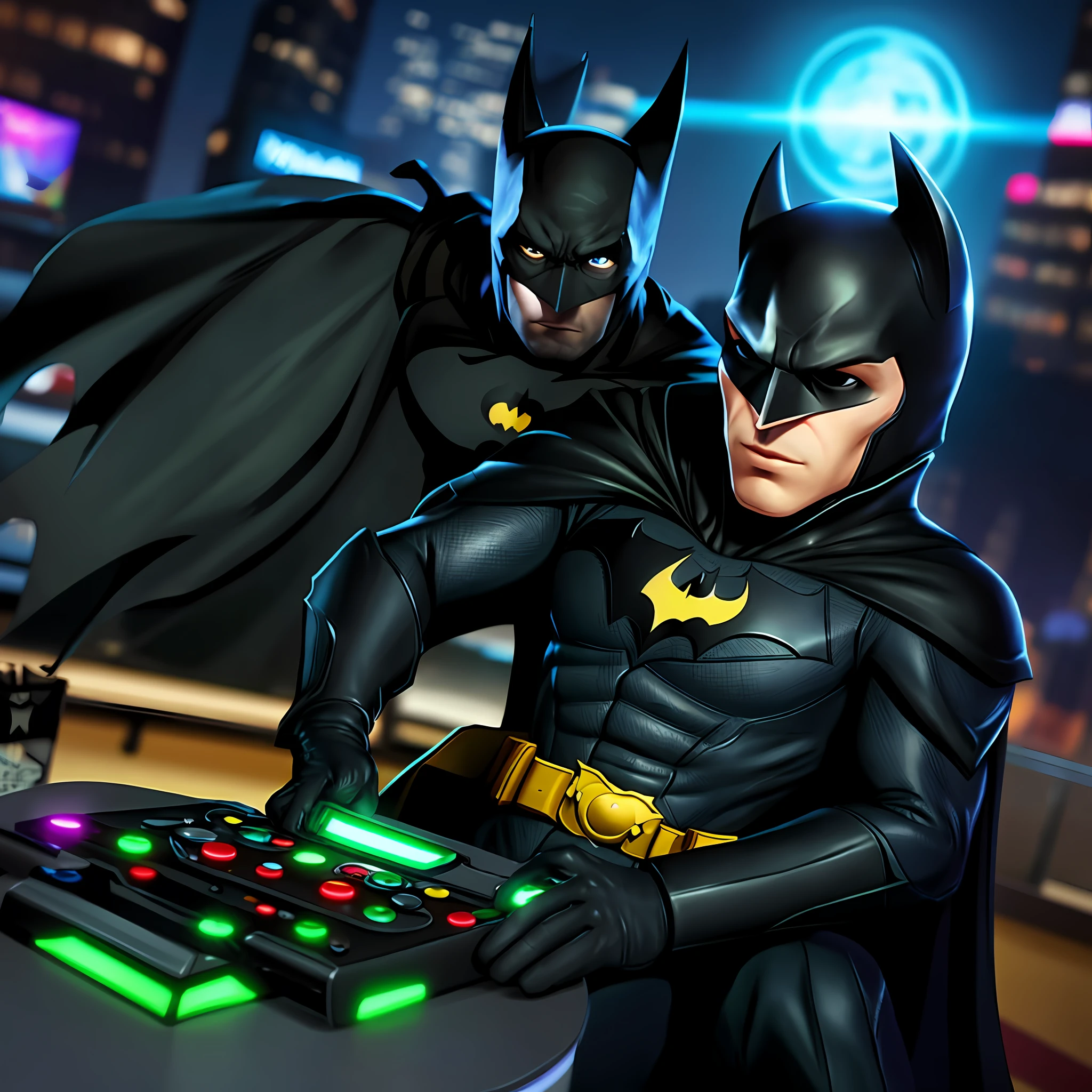 Batman playing video game with robin