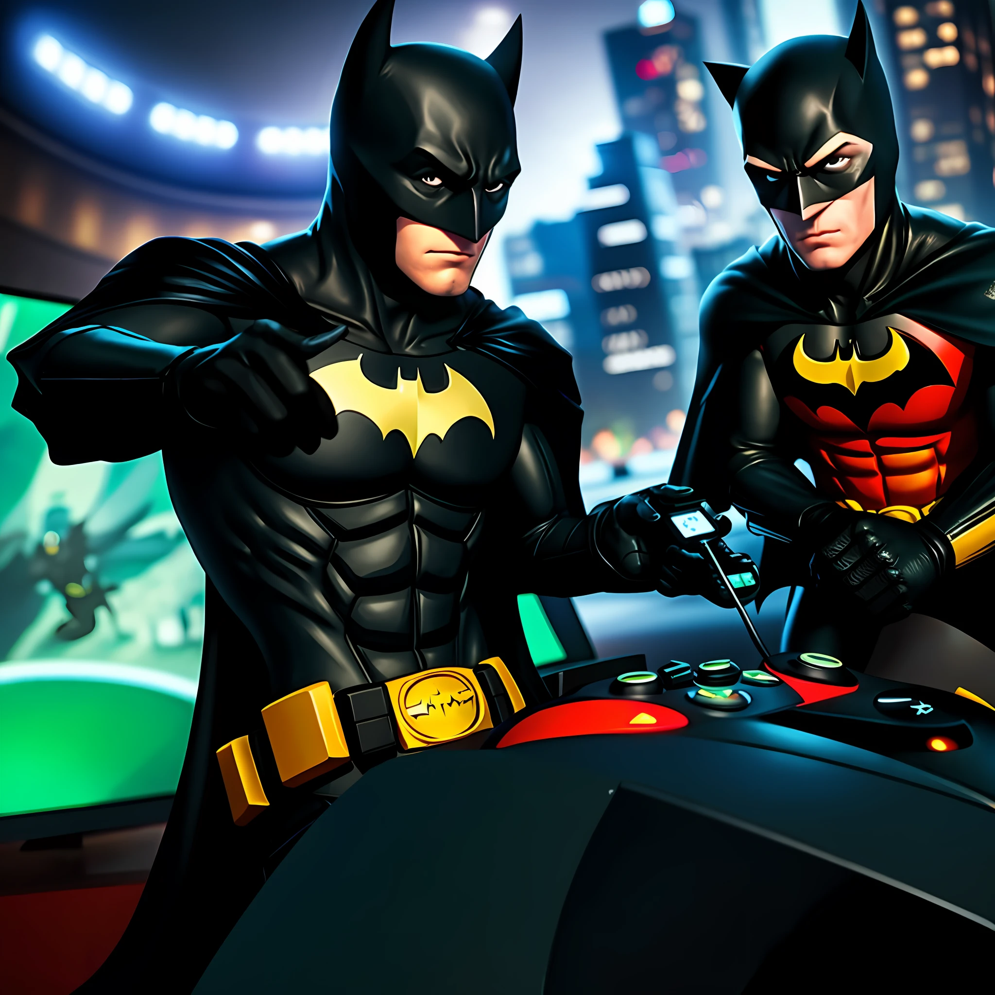 Batman playing video game with robin