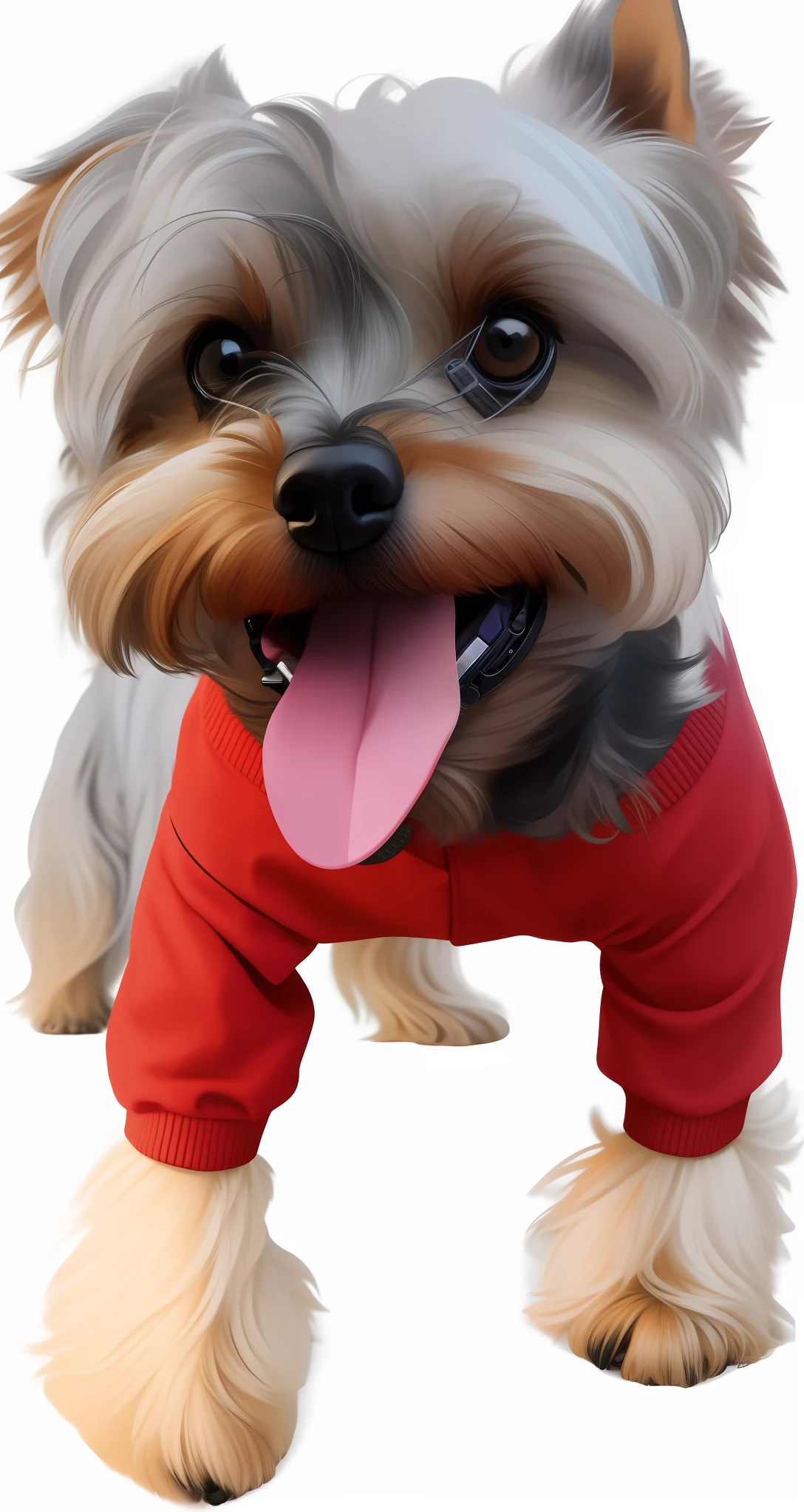 photo, yorkshire terrier, gray, tongue out, a portrait photo of [man: dog: 2] humanoid in clothes, face, 8k uhd, dslr, soft lighting, high quality, film grain, Fujifilm XT3, hat, headphones, glasses