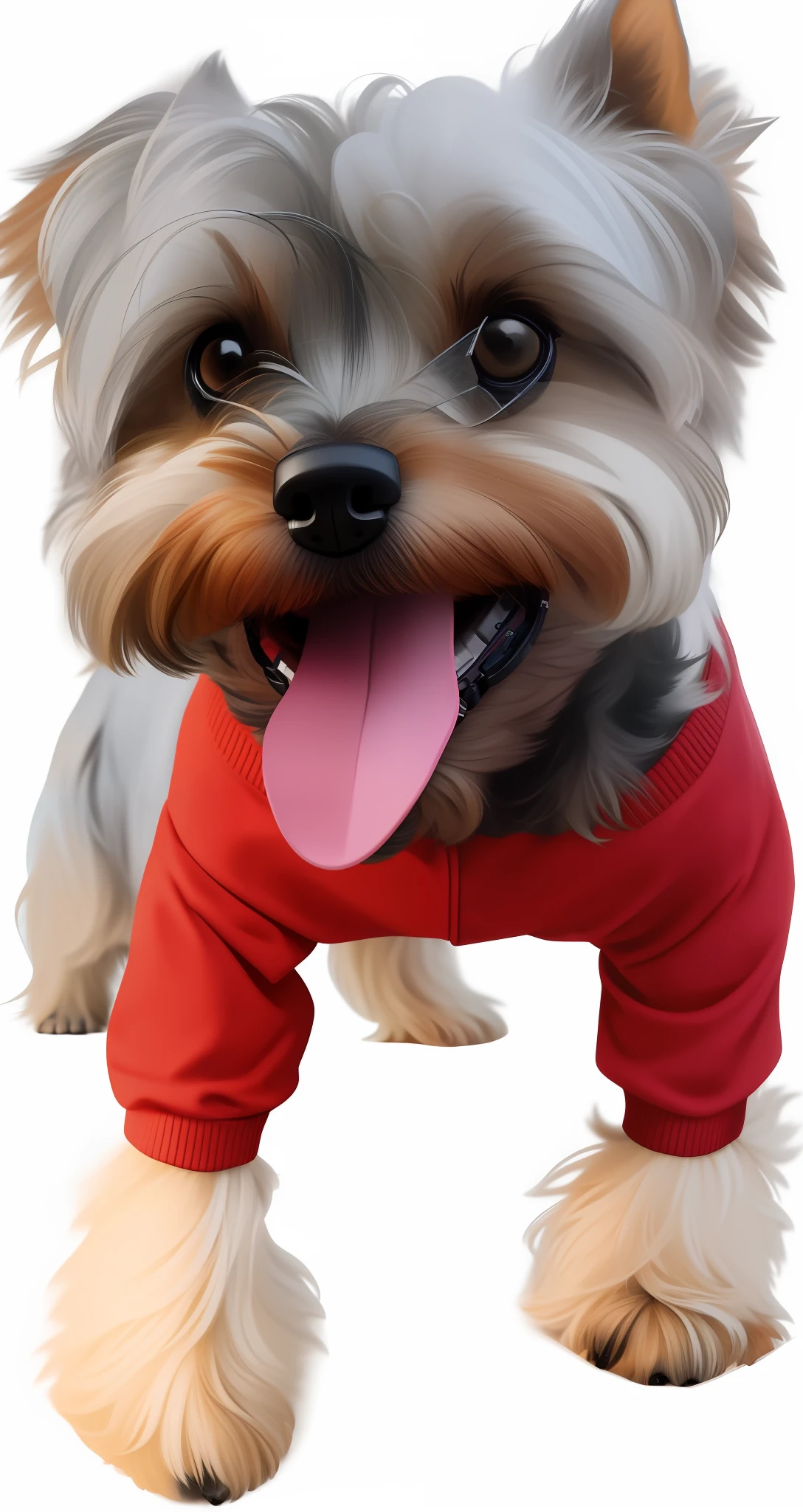 photo, yorkshire terrier, gray, tongue out, a portrait photo of [man: dog: 2] humanoid in clothes, face, 8k uhd, dslr, soft lighting, high quality, film grain, Fujifilm XT3, hat, headphones, glasses