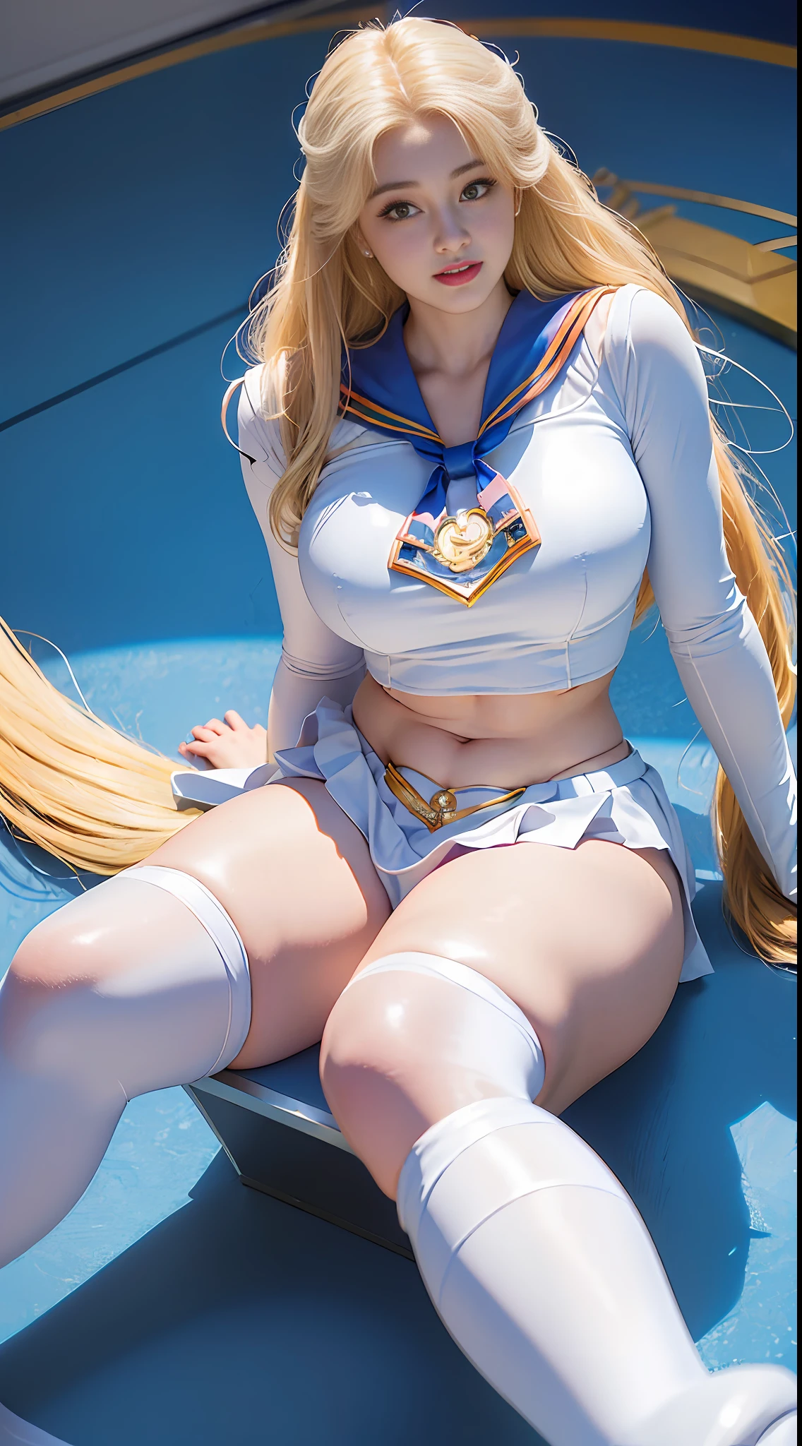 (Best Quality, Ultra High Resolution, Masterpiece, RAW Photo, Realism: 1.6), 16K, ((Sailor Moon Sailor Moon Costume: 3)) from Sailor Moon, (1girl with open navel), (huge: 2, thick thighs: 3), (blue miniskirt: 2, long white blonde hair: 1.8, white stockings, mature smile), sitting on white background