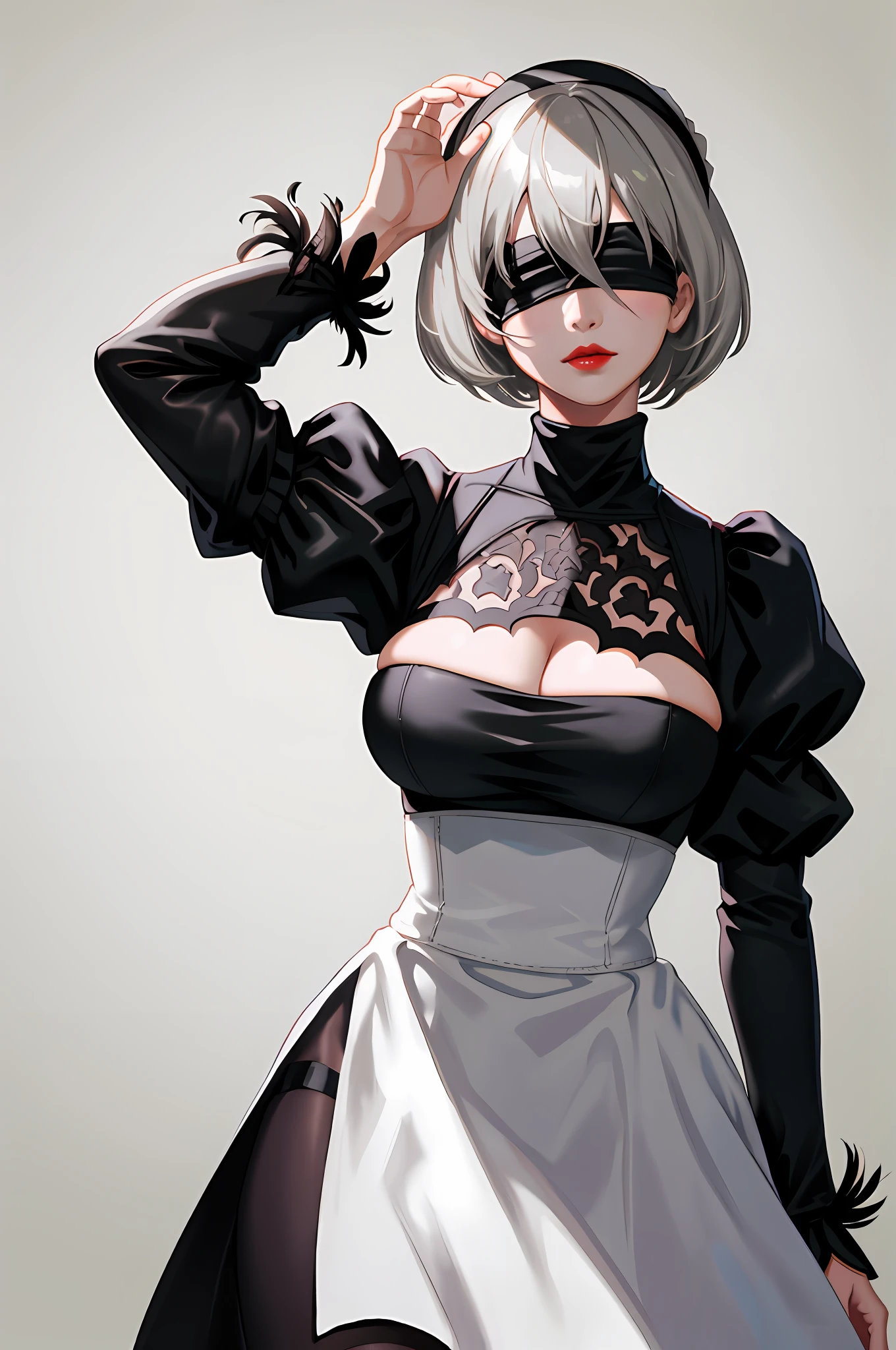 Yorha2b, masterpiece, (photorealistic: 1.4), top quality, beautiful lighting, 1 girl, mother, (blindfolded)), breasts, cleavage, hair band, hi-res, juliet sleeves, long sleeves, nier automata, red lips (puffy sleeves), shading face, short hair, solo, turtleneck, upper body, gray hair, Sky RAW Photography, 8K UHD, Film Grain