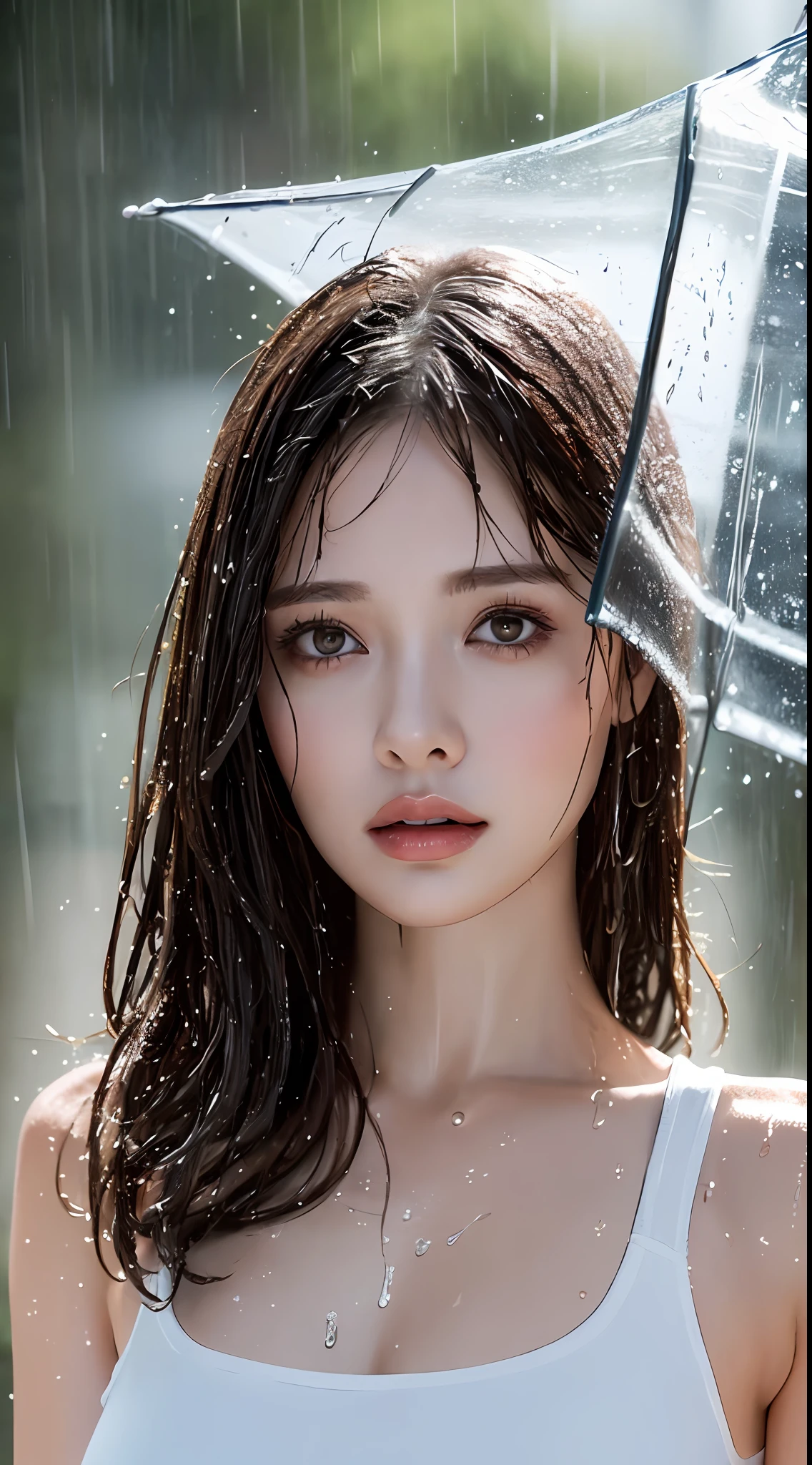 (Best quality, 4k, Masterpiece :1.3), pretty woman, 1girl, sexy :1.1, dark brown hair: 1.1, (rainy wet, wet from rain, wet body :1.2), white tank tops, ultra-detailed face, detailed lips, detailed eyes, double eyelid