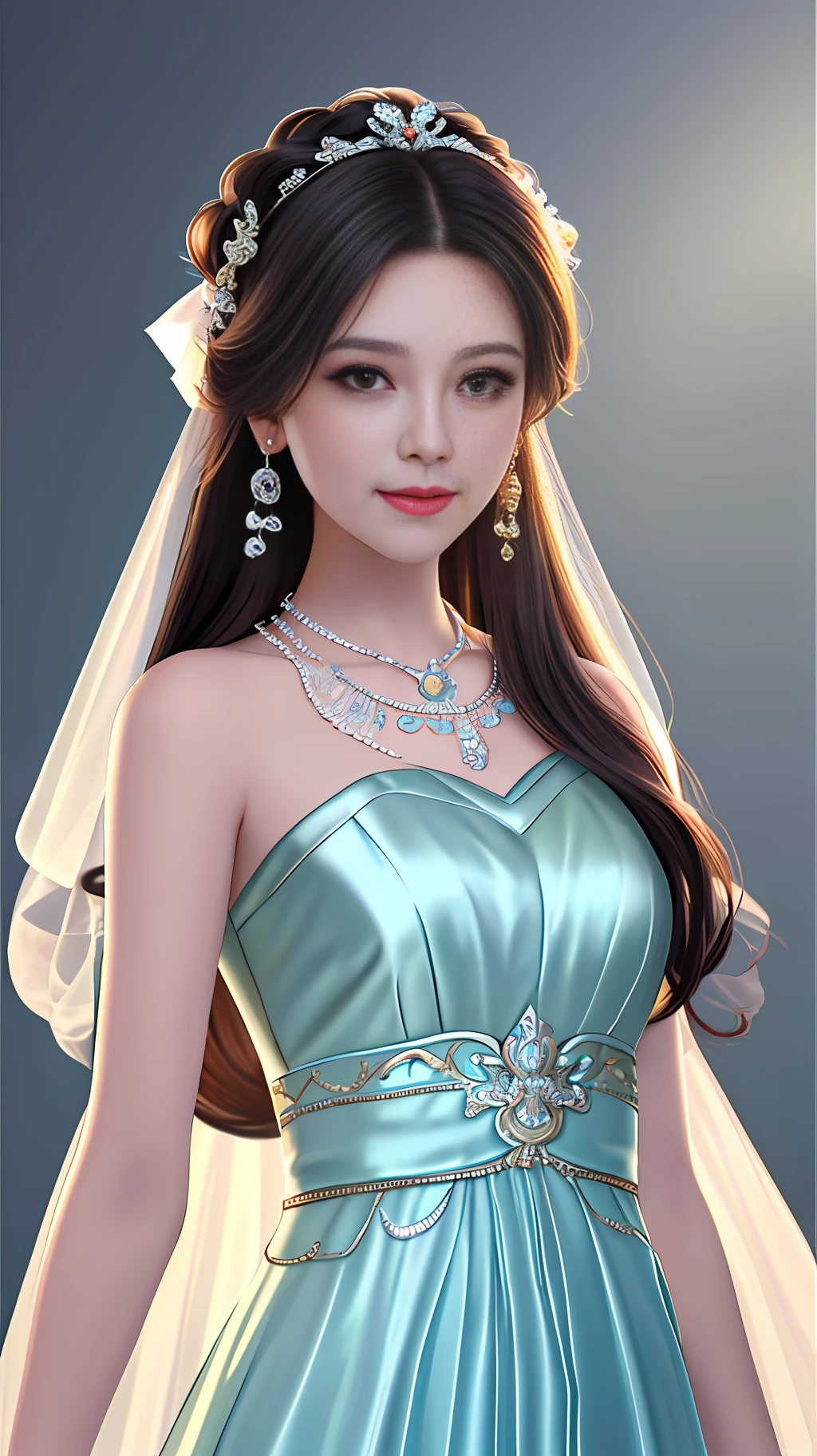 Best quality, masterpiece, high resolution, 1girl, clear silk porcelain dress, beautiful face, hair accessories, looking at the audience, smiling, close your mouth, lips, dress, hair accessories, necklaces, jewelry, long hair, earrings, beautiful face, on the body, Tindal effect, realism, dark studio, edge lighting, two-tone lighting, (high detail skin: 1.2), 8k UHD, DSLR, soft light, high quality, volumetric lighting, photo, high resolution 4K, 8k, blurred background