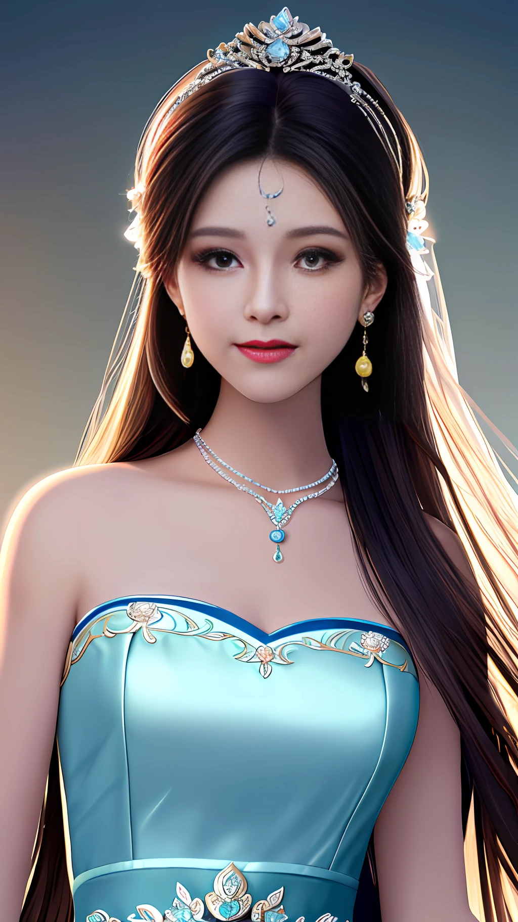 Best quality, masterpiece, high resolution, 1girl, clear silk porcelain dress, beautiful face, hair accessories, looking at the audience, smiling, close your mouth, lips, dress, hair accessories, necklaces, jewelry, long hair, earrings, beautiful face, on the body, Tindal effect, realism, dark studio, edge lighting, two-tone lighting, (high detail skin: 1.2), 8k UHD, DSLR, soft light, high quality, volumetric lighting, photo, high resolution 4K, 8k, blurred background