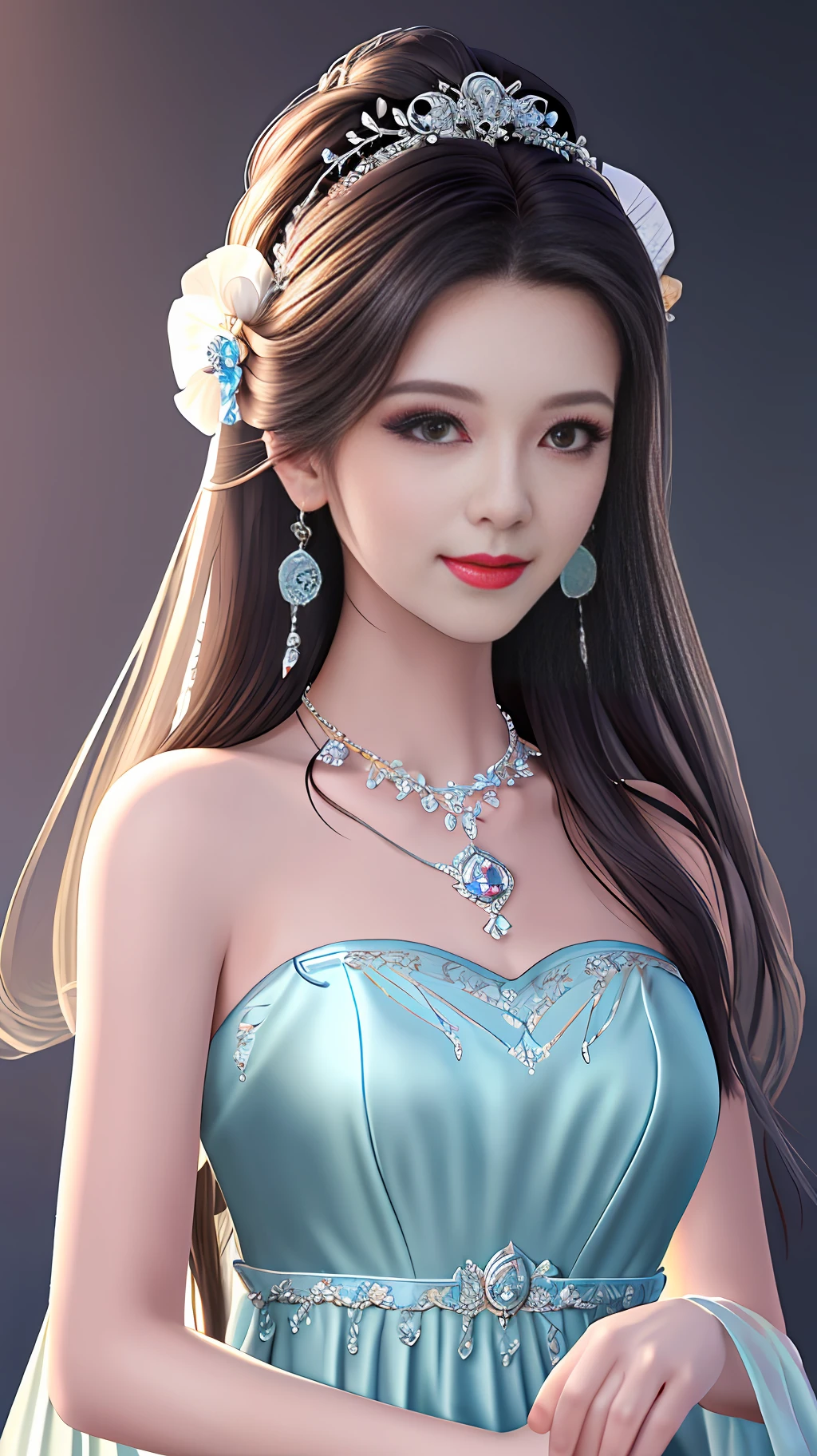 Best quality, masterpiece, high resolution, 1girl, clear silk porcelain dress, beautiful face, hair accessories, looking at the audience, smiling, close your mouth, lips, dress, hair accessories, necklaces, jewelry, long hair, earrings, beautiful face, on the body, Tindal effect, realism, dark studio, edge lighting, two-tone lighting, (high detail skin: 1.2), 8k UHD, DSLR, soft light, high quality, volumetric lighting, photo, high resolution 4K, 8k, blurred background
