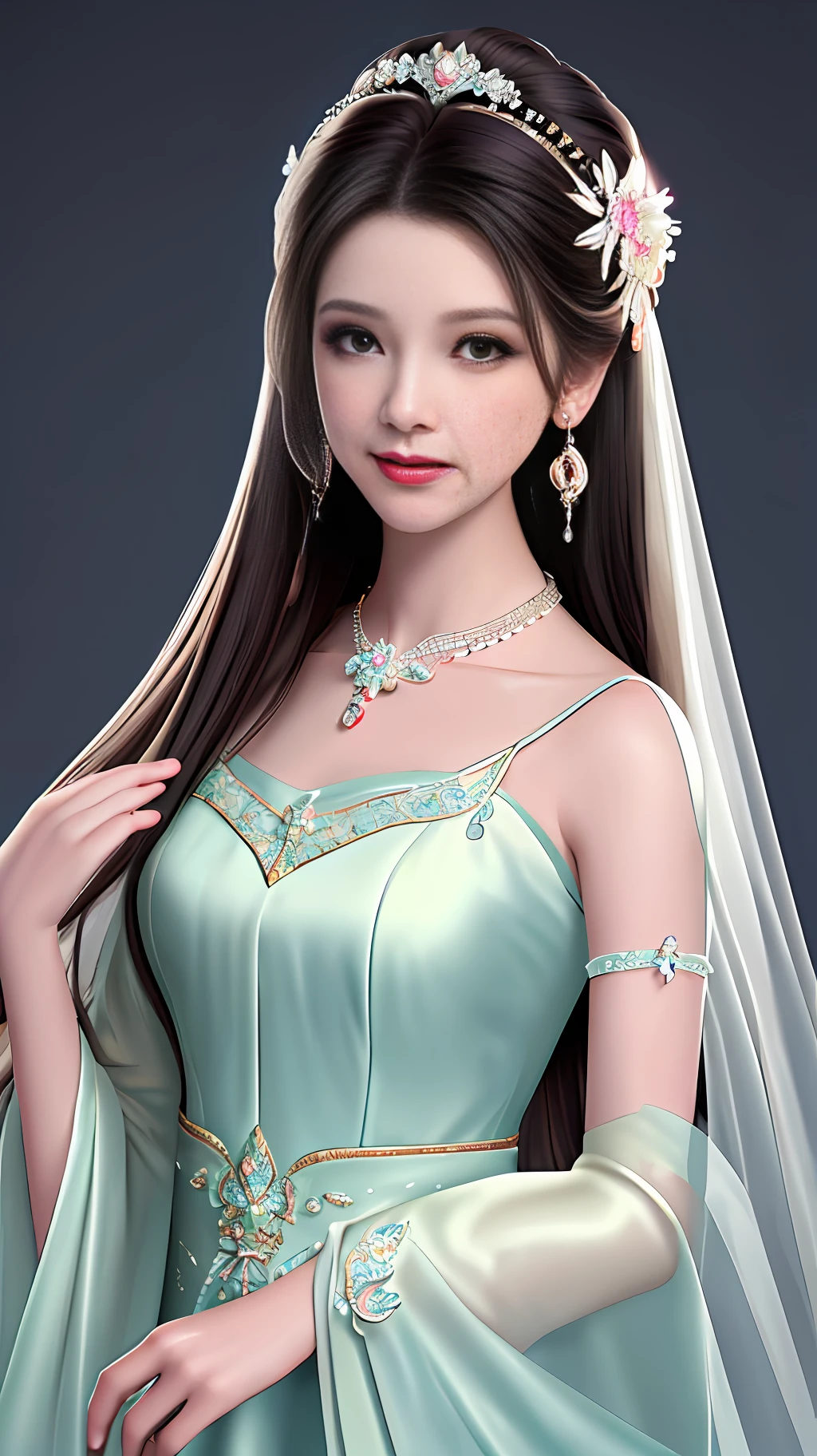 Best quality, masterpiece, high resolution, 1girl, clear silk porcelain dress, beautiful face, hair accessories, looking at the audience, smiling, close your mouth, lips, dress, hair accessories, necklaces, jewelry, long hair, earrings, beautiful face, on the body, Tindal effect, realism, dark studio, edge lighting, two-tone lighting, (high detail skin: 1.2), 8k UHD, DSLR, soft light, high quality, volumetric lighting, photo, high resolution 4K, 8k, blurred background