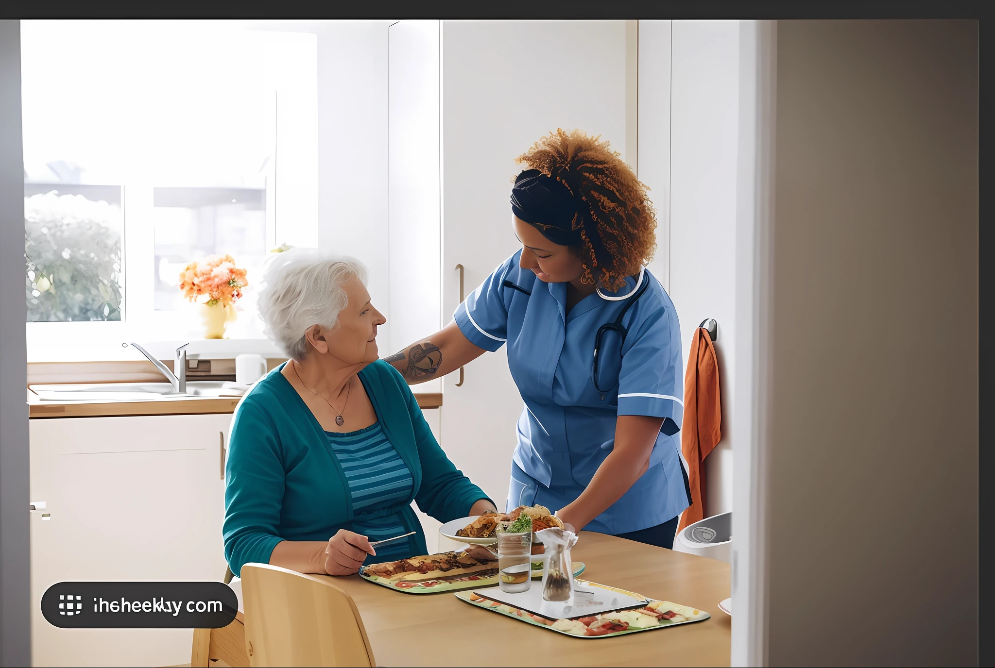 there is a woman serving food to a woman in a kitchen, nursing home, absolutely outstanding image, istock, abcdefghijklmnopqrstuvwxyz, elderly, an elderly, shutterstock, caretaker, trending photo, stock image, taken in 2 0 2 0, getty images, healthcare worker, gettyimages, profile image, ad image