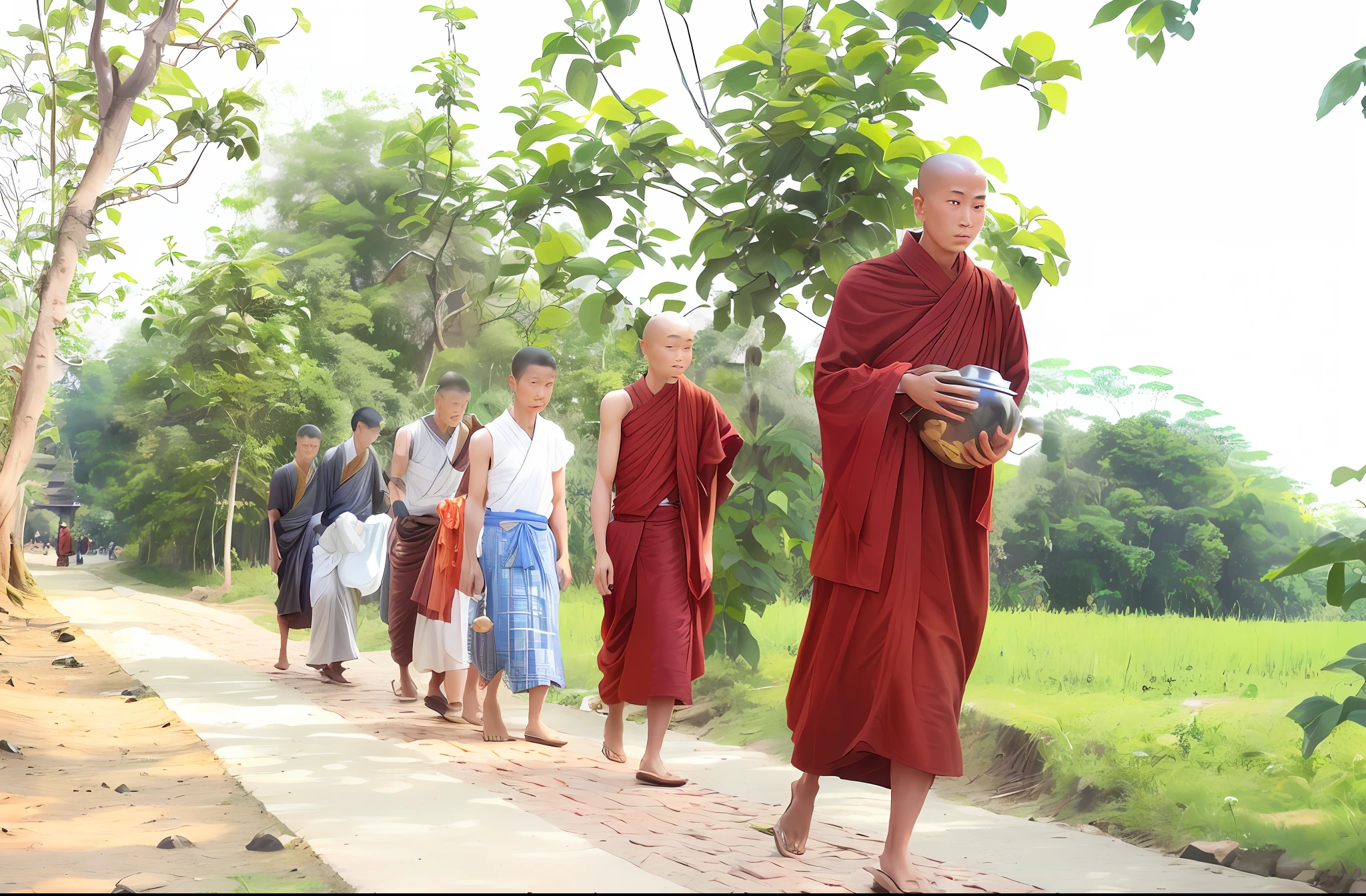 a group of people walking down a sidewalk, full body picture of a male monk, monks, monk clothes, buddhist monk, wearing brown robes, on path to enlightenment, begging for alms, buddhism, on the path to enlightenment, in a village, very beautiful enga style, walk in a funeral procession, wearing traditional garb, lê long, myanmar