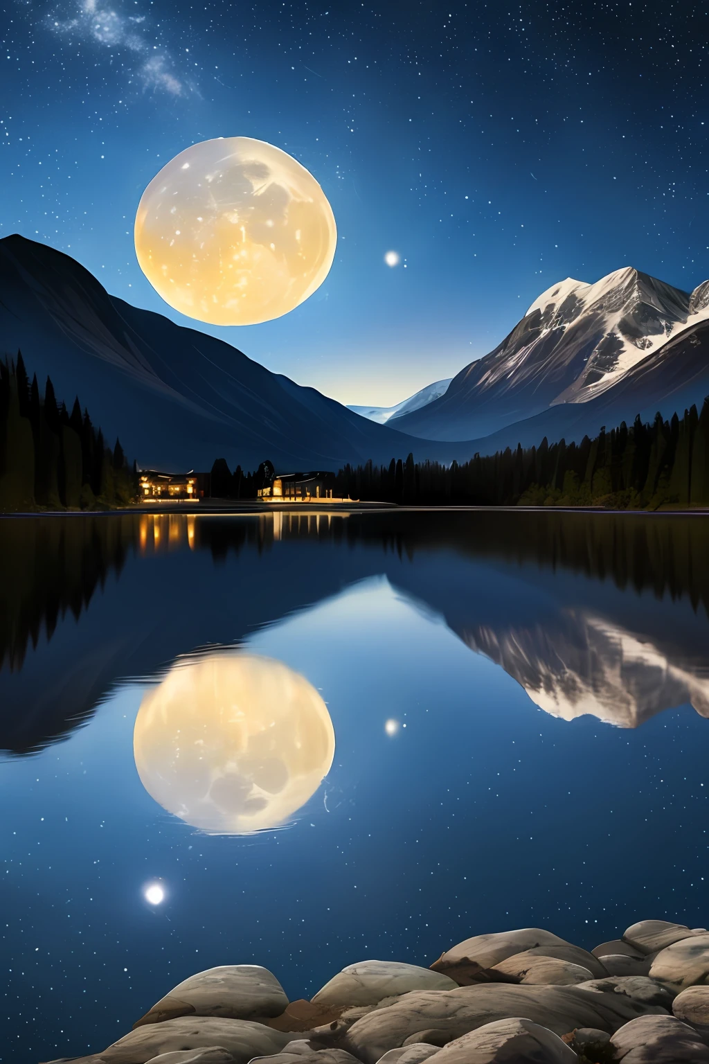 Very starry night. A giant moon behind the mountains. A tranquil lake reflecting the night. Realistic scene, detailed, photorealism, 8k