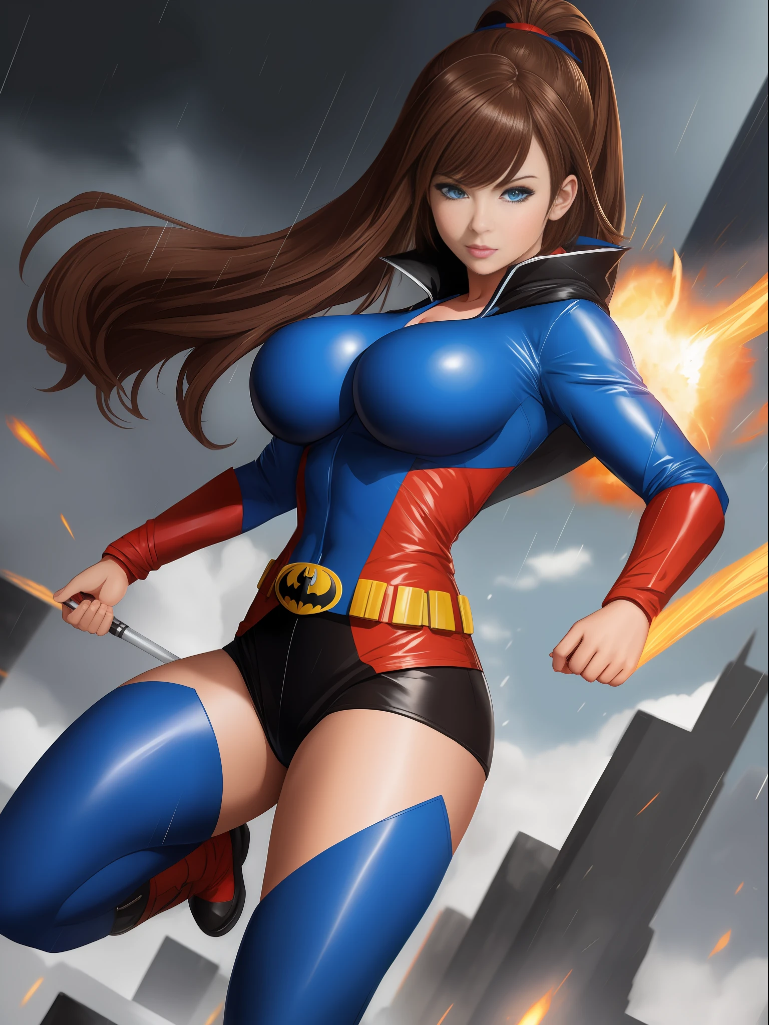 Full body image, ((1 girl in maid/Batman/Ultraman outfit, brown hair all over body, huge breasts, strong musculature)), looking at viewer, furious, Super Saiyan 2 blue hair, blue eyes, body and completely wet clothes, background of destroyed city raining heavily,anime, Dragon Ball, mortal kombat, masterpiece, (16k:1.6), (high details:1.6), (high quality:1.6), (maximum resolution:1.6)