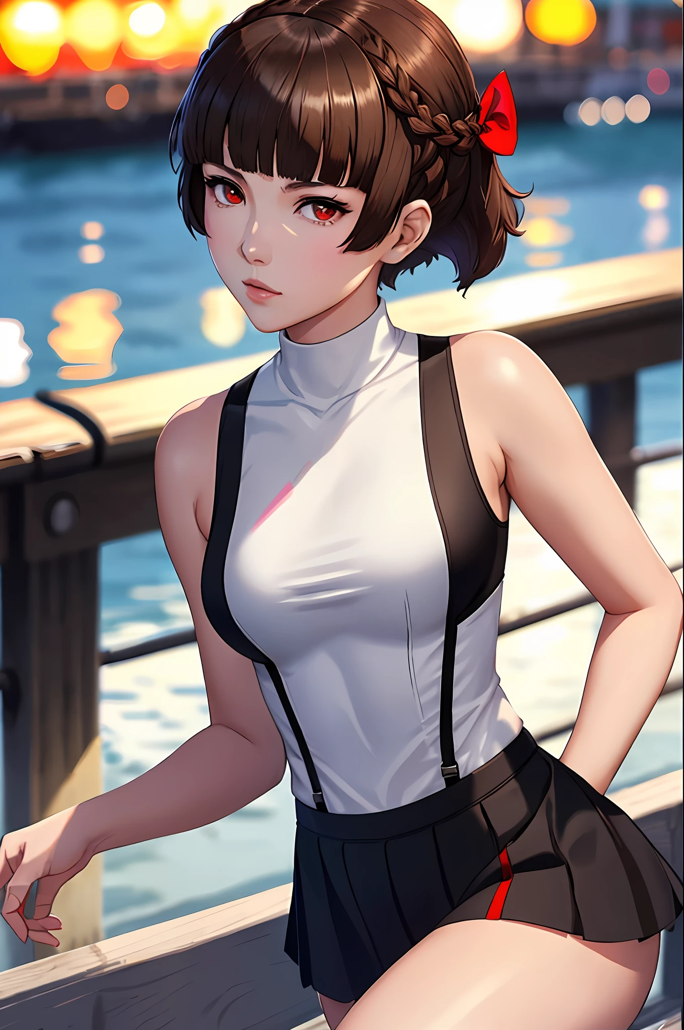 Solo, Makoto_Niijima (da persona 5, 1female, white skin, Japanese, red eyes, short brown hair, braid like a hairbow on top of hair, small boobs) running in the docks at night, sexy one-piece high school uniform. (finely detailed), anime, best shadows, depth of field, (masterpiece), (best quality), 4K, high detail, anatomically correct