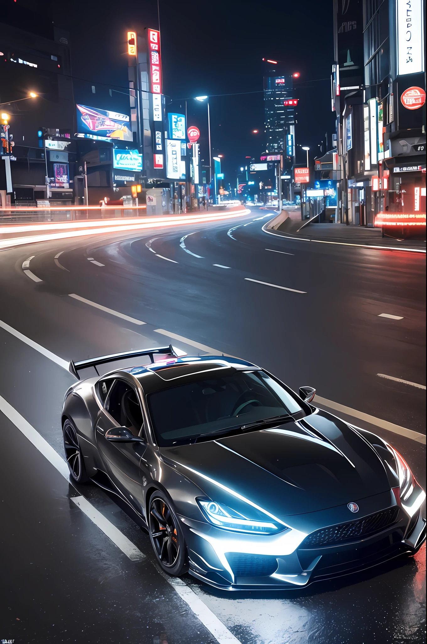 masterpiece,best quality,official art,extremely detailed CG unity 8k wallpaper,illustration, light,car, bright, motor vehicle, ground vehicle, sports car, vehicle focus, road, need for speed, moving, wet, (night, midnight:1.5), cyberpunk, tokyo,neon lights,drift,