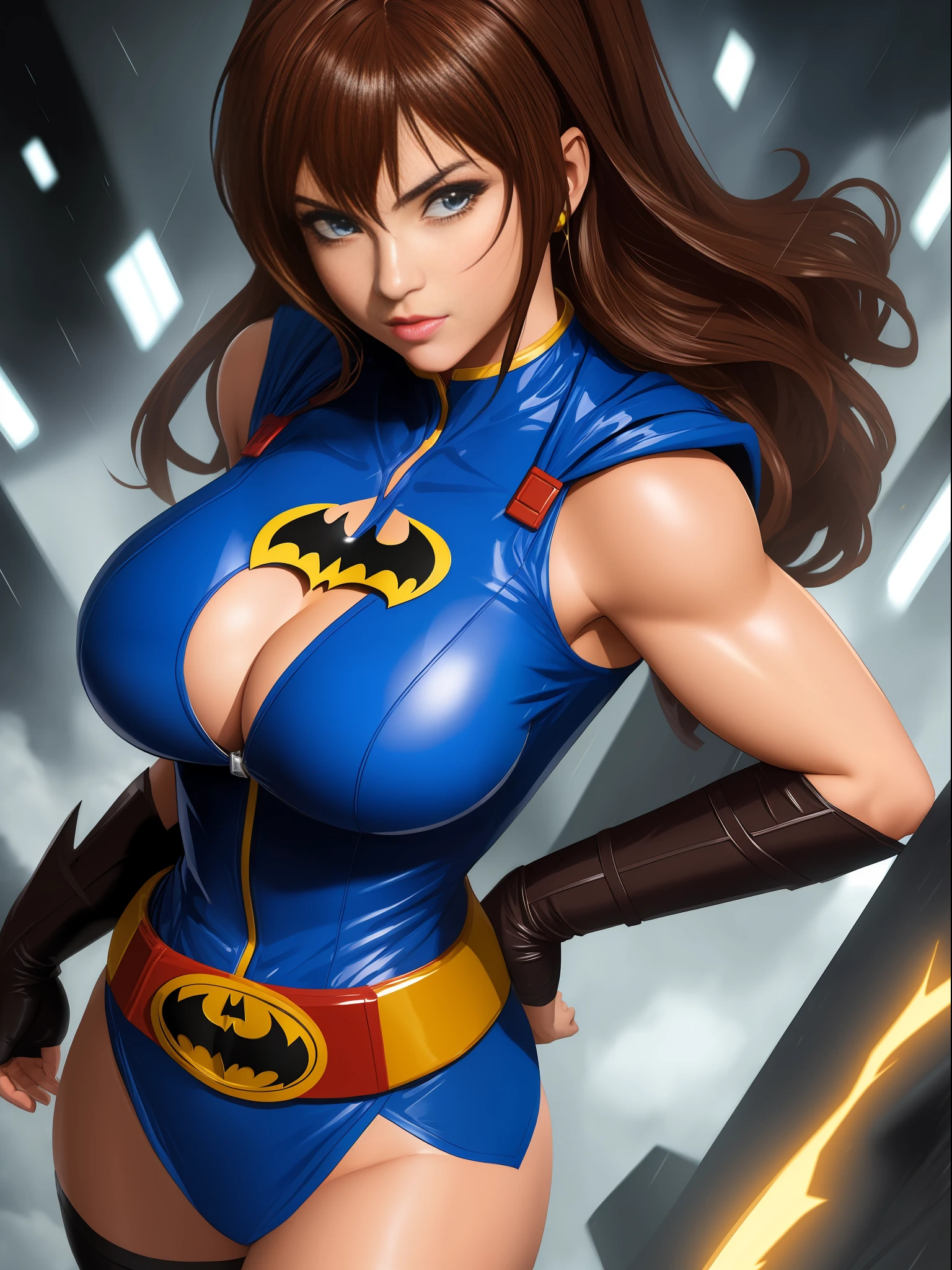 Full body image, ((1 girl in maid/Batman/Ultraman outfit, brown hair all over body, huge breasts, strong musculature)), looking at viewer, furious, Super Saiyan 2 blue hair, blue eyes, body and completely wet clothes, background of destroyed city raining heavily,anime, Dragon Ball, mortal kombat, masterpiece, (16k:1.6), (high details:1.6), (high quality:1.6), (maximum resolution:1.6)