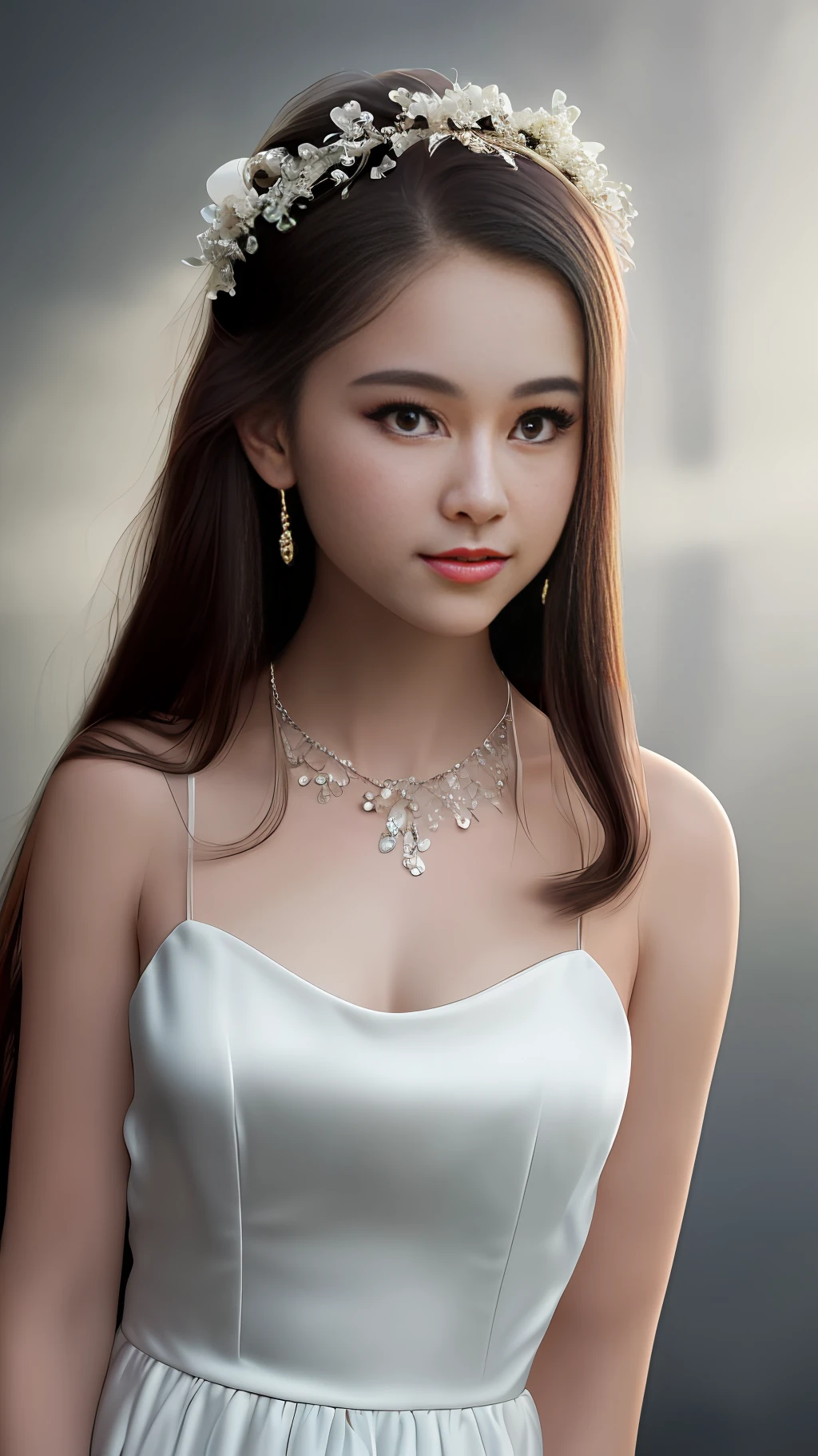 Best quality, masterpiece, high resolution, 1girl, clear silk porcelain dress, beautiful face, hair accessories, looking at the audience, smiling, close your mouth, lips, dress, hair accessories, necklaces, jewelry, long hair, earrings, beautiful face, on the body, Tindal effect, realism, dark studio, edge lighting, two-tone lighting, (high detail skin: 1.2), 8k UHD, DSLR, soft light, high quality, volumetric lighting, photo, high resolution 4K, 8k, blurred background