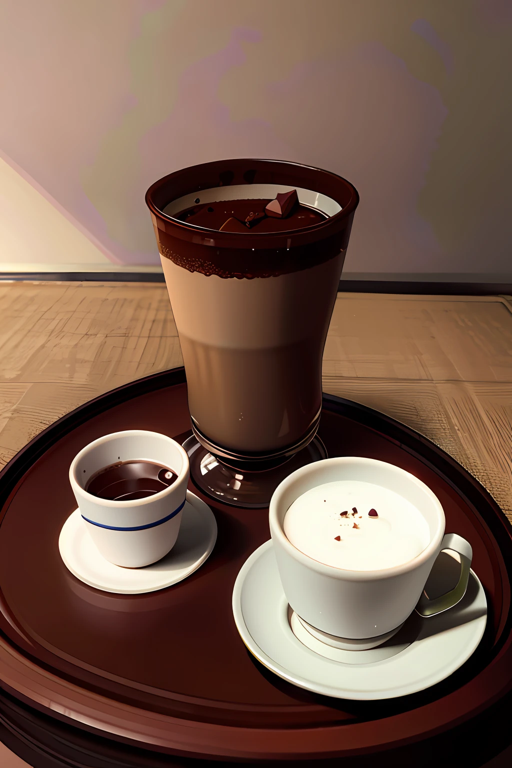 Chocolate pistachio filling, tasty, creamy, juicy, table in dark brown tones, chocolate shavings on the table, glass cup with hot chocolate, cup of carbonated water, small truffle next to cup, room with great lighting, background in shades of gray, best quality, high resolution, realistic, 4k