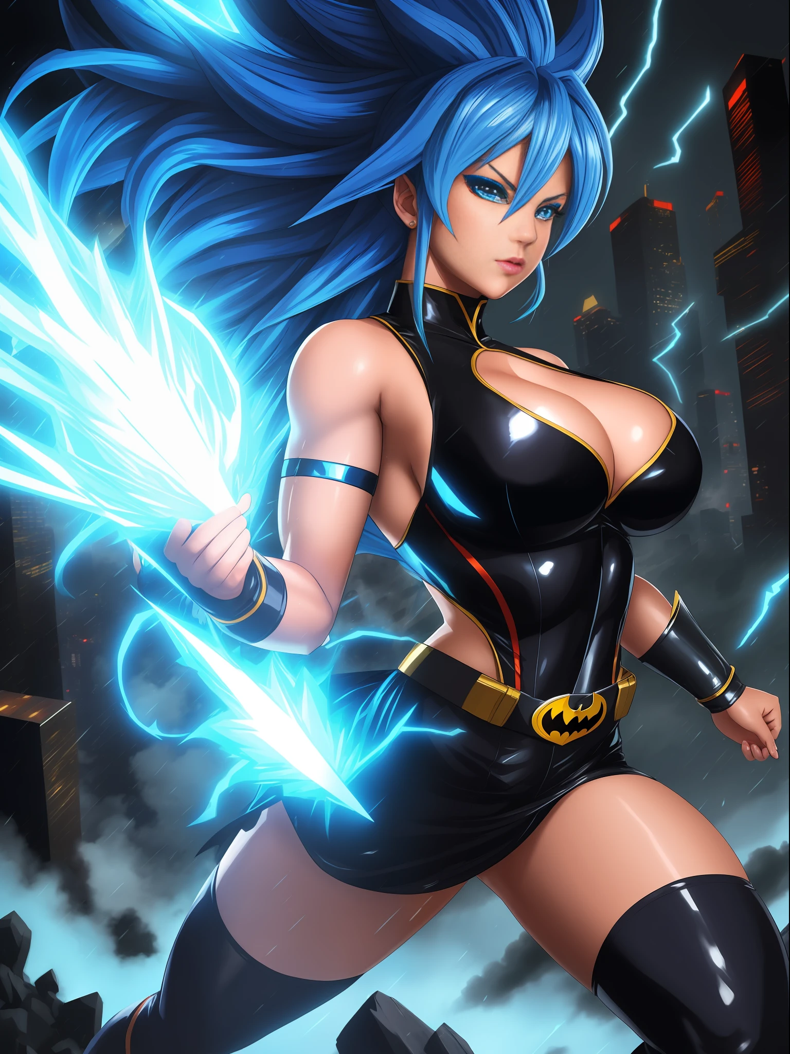 Full body image, ((1 girl in maid/Batman/Ultraman costume, huge breasts, strong musculature)), looking at viewer, furious, Super Saiyan 2 blue hair, blue eyes, fully wet body and outfit, background of destroyed city raining heavily,anime, ((Super Saiyan Ultra Instinct)), Dragon Ball, mortal kombat, masterpiece, (16k:1.6), (high details:1.6), (high quality:1.6), (maximum resolution: 1.6)