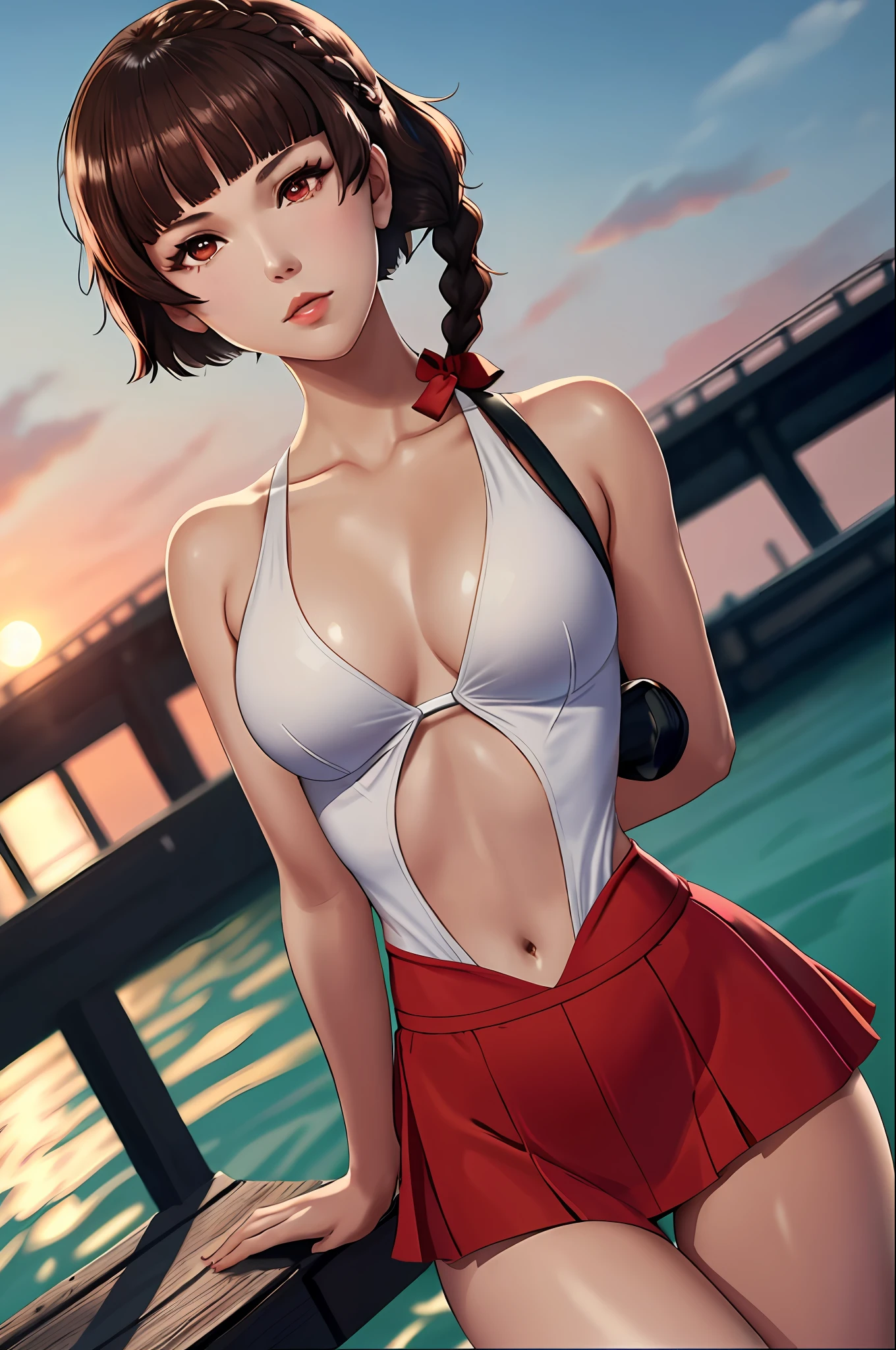 Solo, Makoto_Niijima (da persona 5, 1female, white skin, Japanese, red eyes, short brown hair, braid like a hairbow on top of hair, small boobs) running in the docks at night, sexy one-piece high school uniform. (finely detailed), anime, best shadows, depth of field, (masterpiece), (best quality), 4K, high detail, anatomically correct