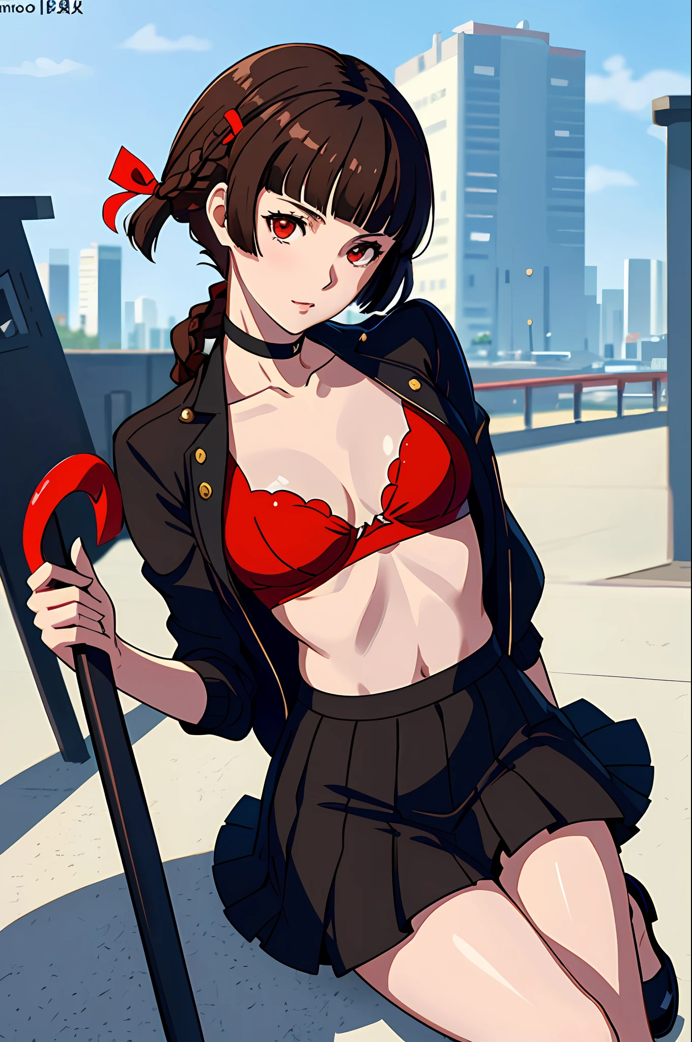 Solo, Makoto_Niijima (da persona 5, 1female, white skin, Japanese, red eyes, short brown hair, braid like a hairbow on top of hair, small boobs) running in the docks at night, sexy one-piece high school uniform. (finely detailed), anime, best shadows, depth of field, (masterpiece), (best quality), 4K, high detail, anatomically correct