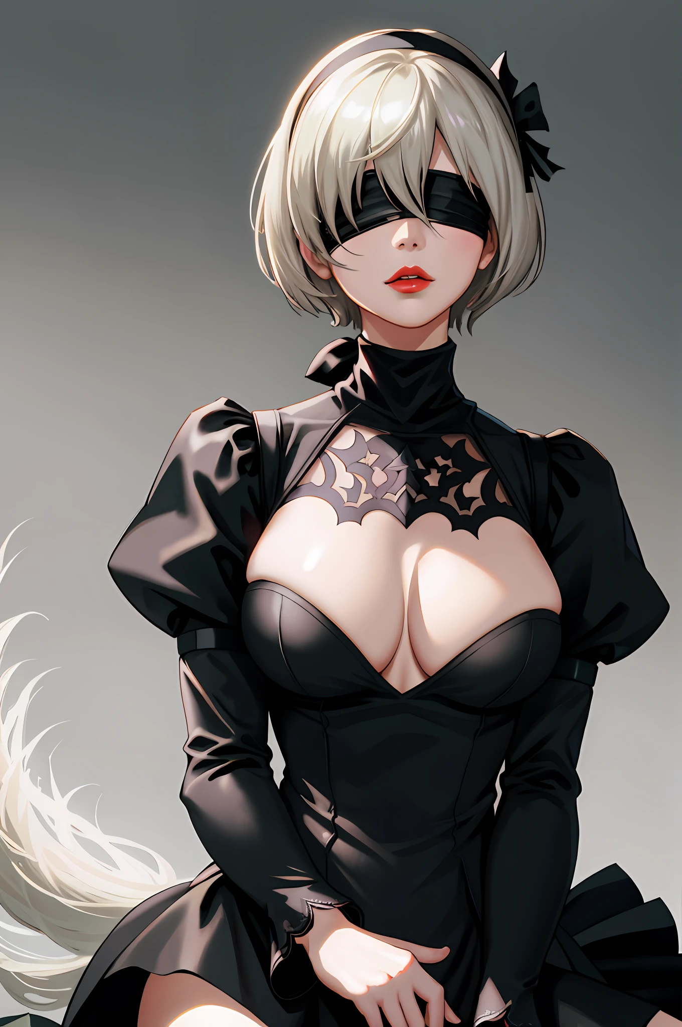 Yorha2b, masterpiece, (photorealistic: 1.4), top quality, beautiful lighting, 1 girl, mother, (blindfolded)), breasts, cleavage, hair band, hi-res, juliet sleeves, long sleeves, nier automata, red lips (puffy sleeves), shading face, short hair, solo, turtleneck, upper body, gray hair, Sky RAW Photography, 8K UHD, Film Grain