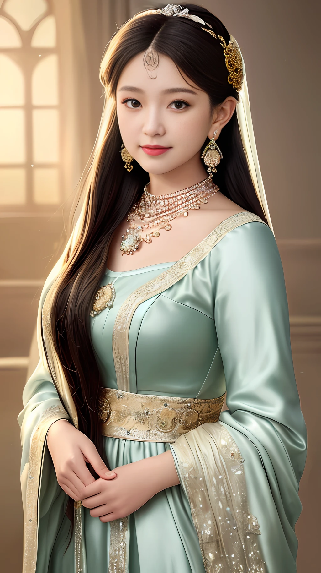 Best quality, masterpiece, high resolution, 1girl, clear silk porcelain dress, beautiful face, hair accessories, looking at the audience, smiling, close your mouth, lips, dress, hair accessories, necklaces, jewelry, long hair, earrings, beautiful face, on the body, Tindal effect, realism, dark studio, edge lighting, two-tone lighting, (high detail skin: 1.2), 8k UHD, DSLR, soft light, high quality, volumetric lighting, photo, high resolution 4K, 8k, blurred background