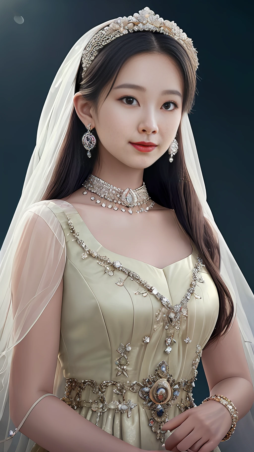 Best quality, masterpiece, high resolution, 1girl, clear silk porcelain dress, beautiful face, hair accessories, looking at the audience, smiling, close your mouth, lips, dress, hair accessories, necklaces, jewelry, long hair, earrings, beautiful face, on the body, Tindal effect, realism, dark studio, edge lighting, two-tone lighting, (high detail skin: 1.2), 8k UHD, DSLR, soft light, high quality, volumetric lighting, photo, high resolution 4K, 8k, blurred background
